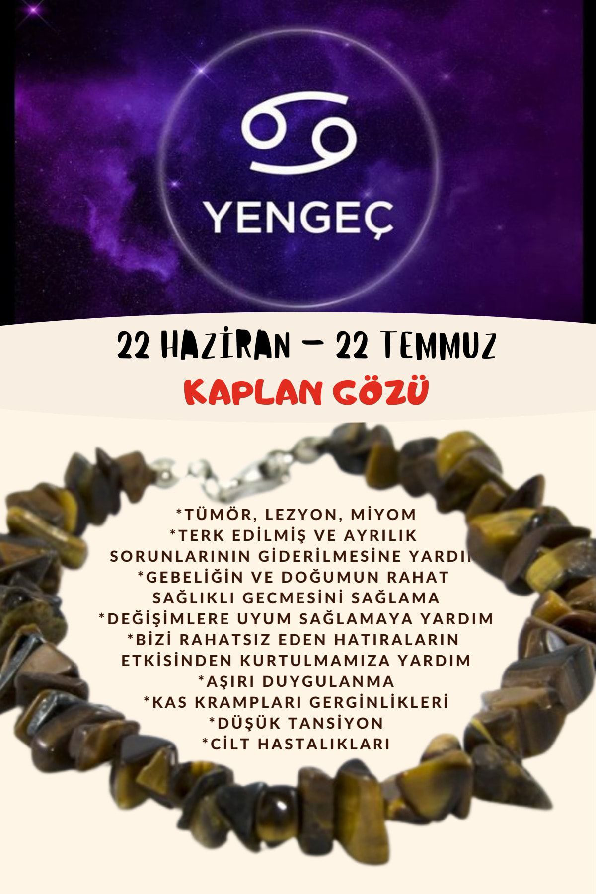 Sertifikalı Burç Taşı Yengeç Burcu Kaplan Gözü Taşı Bileklik
