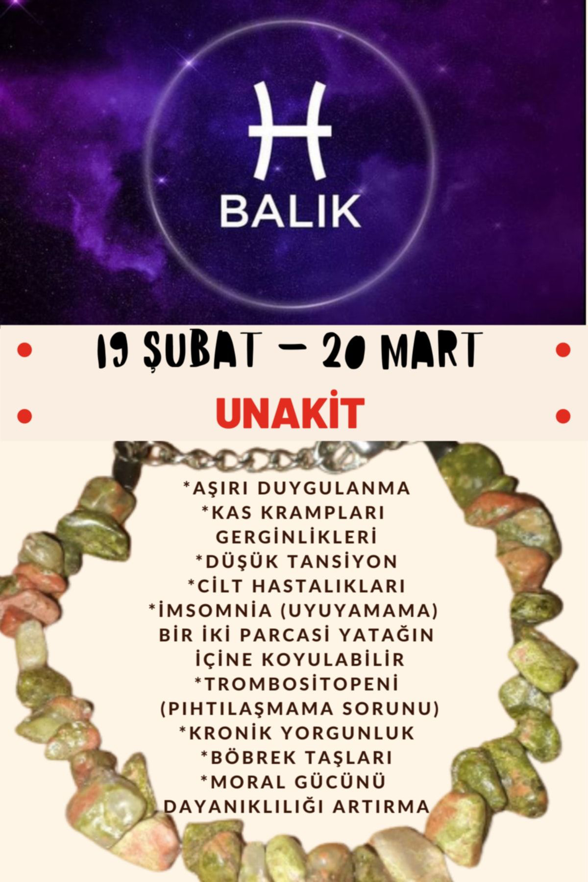 Sertifikalı Burç Taşı Balık Burcu Unakit Taşı Bileklik
