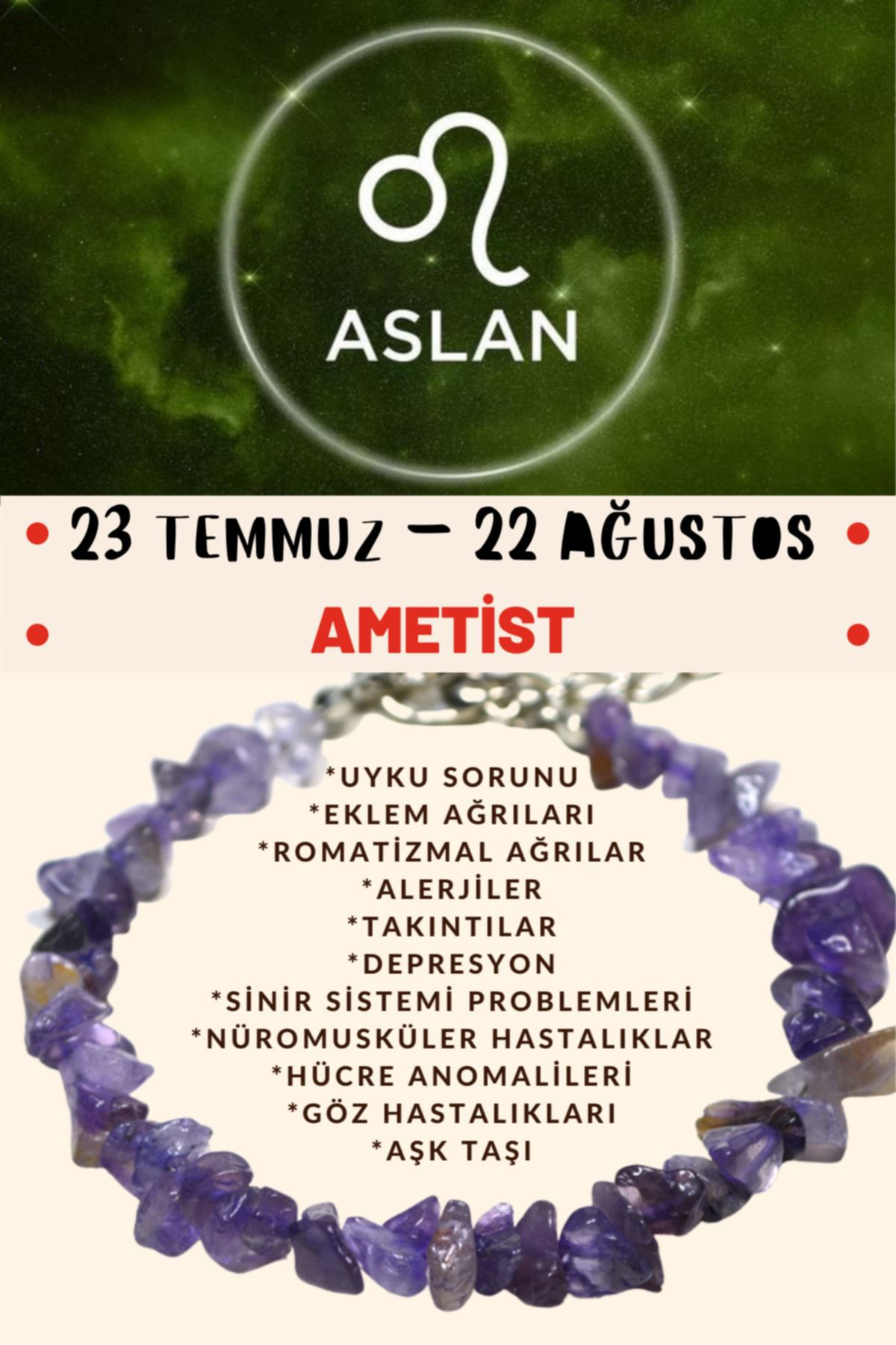 Sertifikalı Burç Taşı Aslan Burcu Ametist Taşı Bileklik