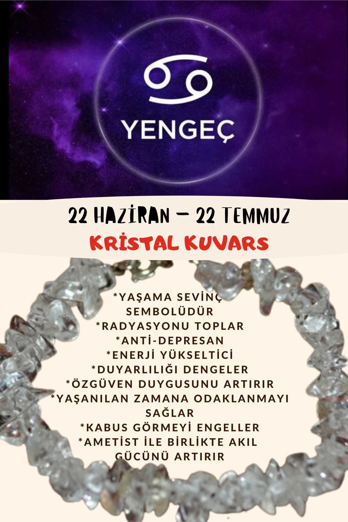 Sertifikalı Burç Taşı Yengeç Burcu Kristal Kuvars Taşı Bileklik