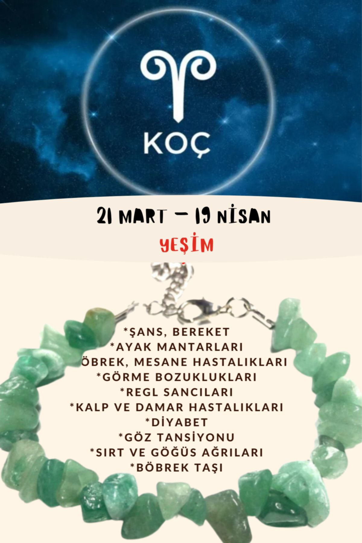 Sertifikalı Burç Taşı Koç Burcu Yeşim Taşı Bileklik