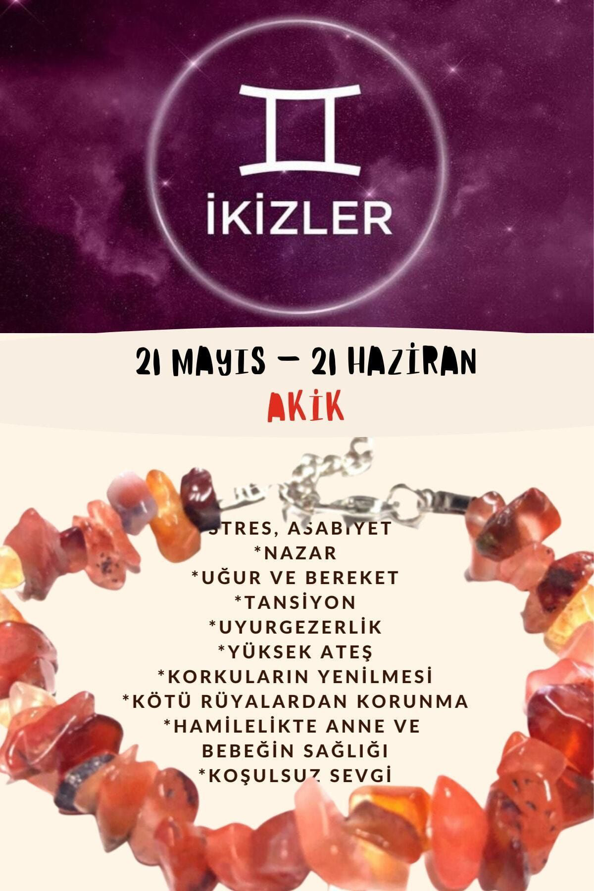 Sertifikalı Burç Taşı Ikizler Burcu Akik Taşı Bileklik