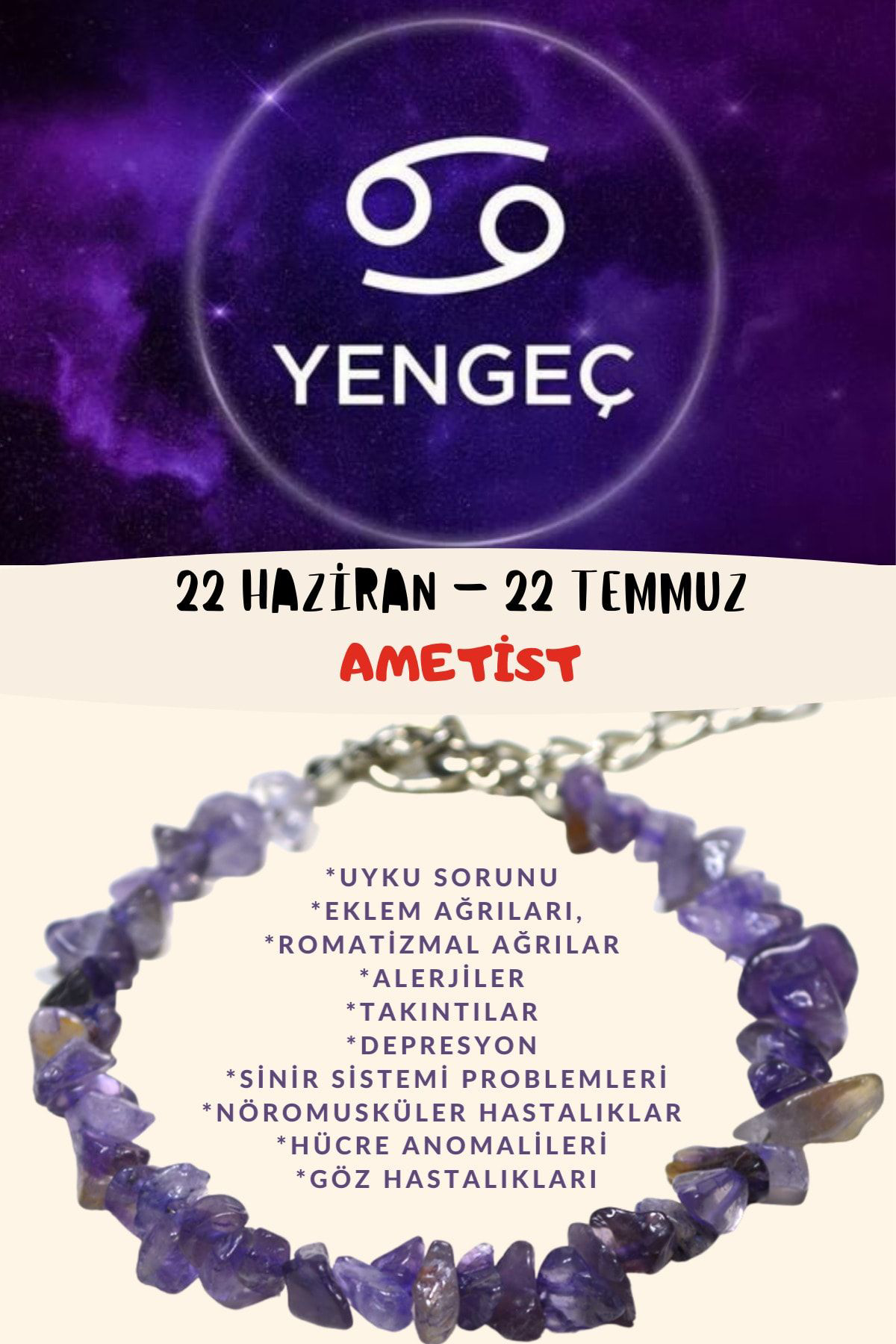Sertifikalı Burç Taşı Yengeç Burcu Ametist Taşı Bileklik