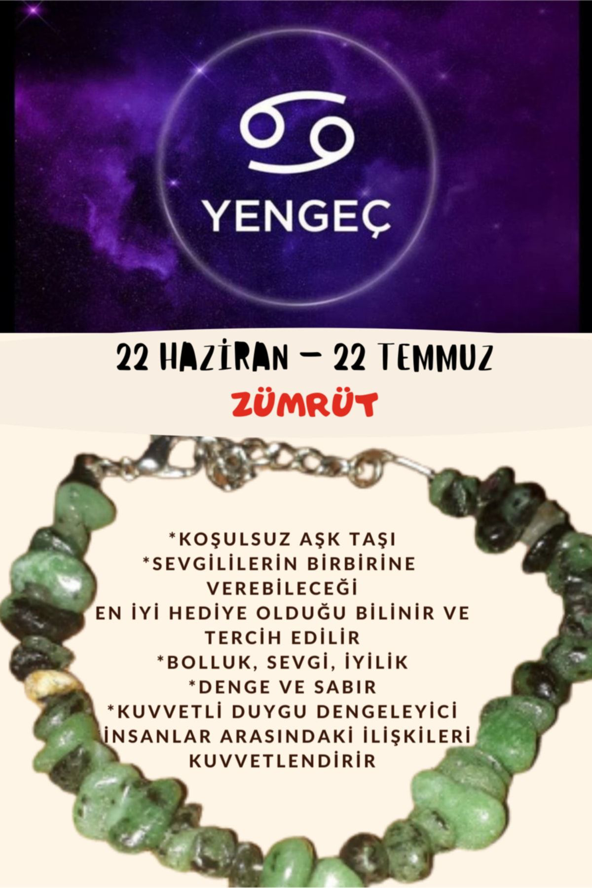 Sertifikalı Burç Taşı Yengeç Burcu Zümrüt Taşı Bileklik