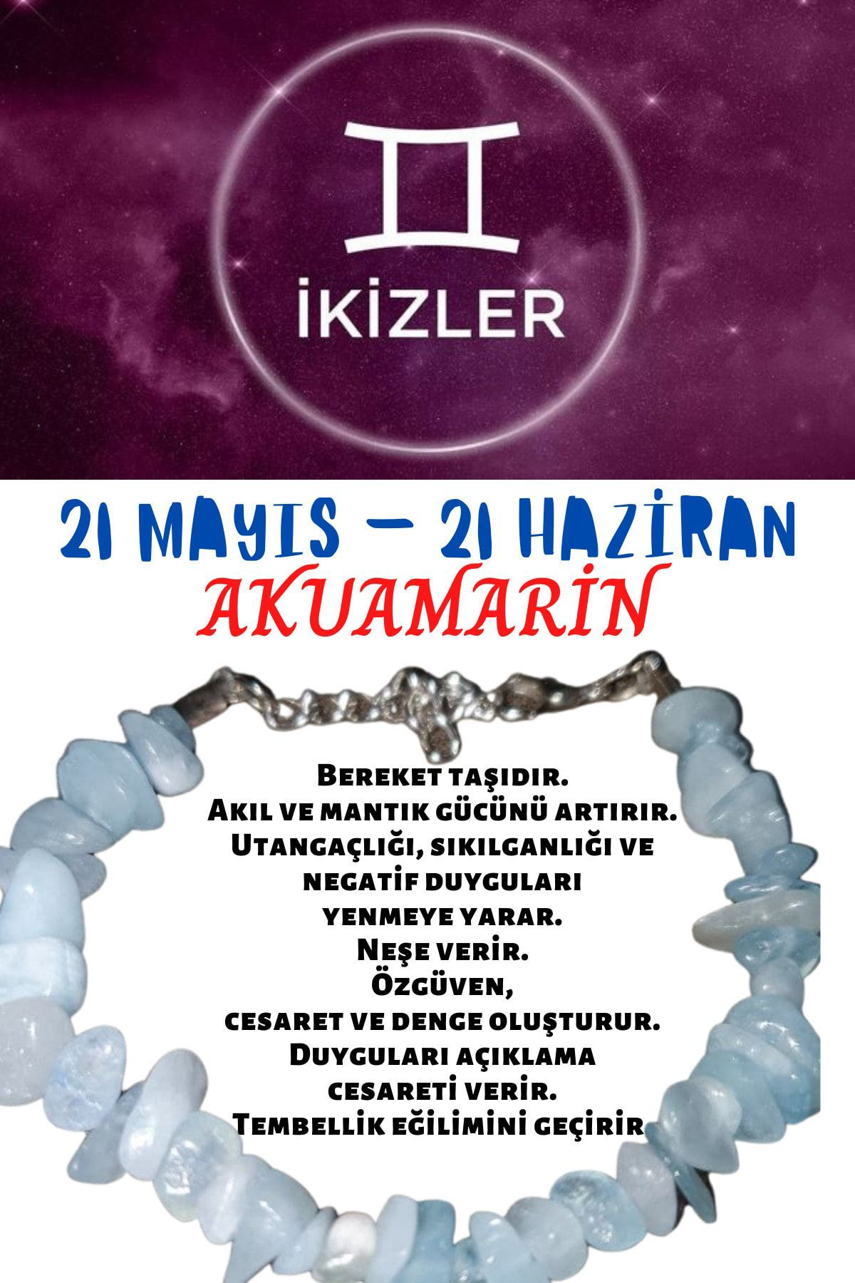 Gümüştel El Sanatlari Sertifikali Burç Taşi İkizler Burcu Akuamarin Taşi Bileklik