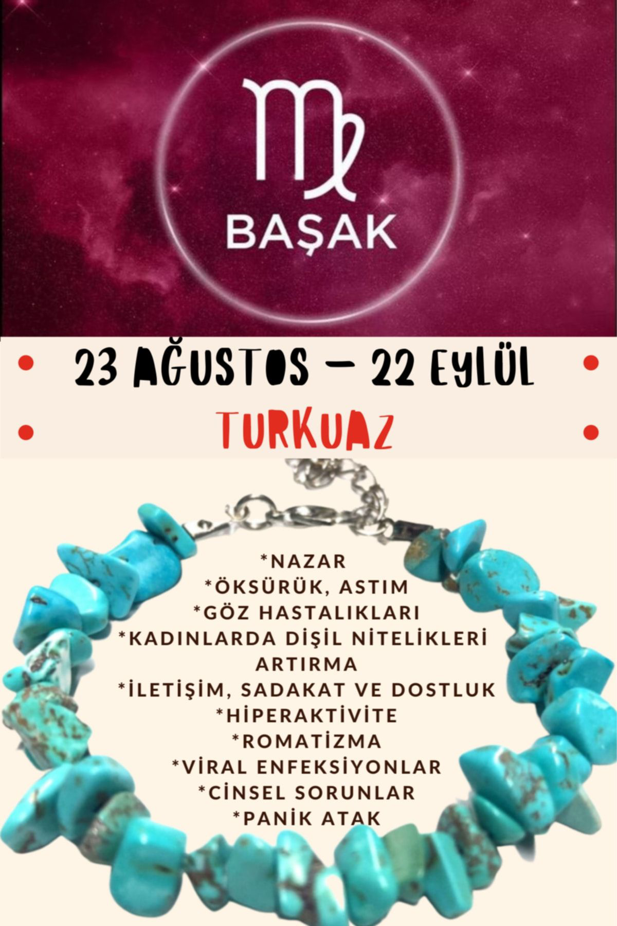 Sertifikalı Burç Taşı Başak Burcu Turkuaz Taşı Bileklik