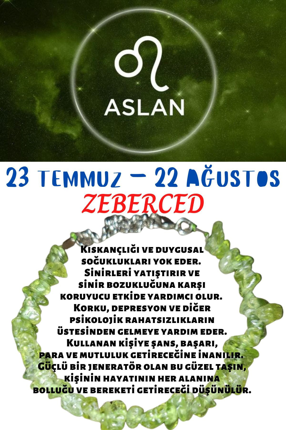 Sertifikalı Burç Taşı Aslan Burcu Zeberced Taşı Bileklik