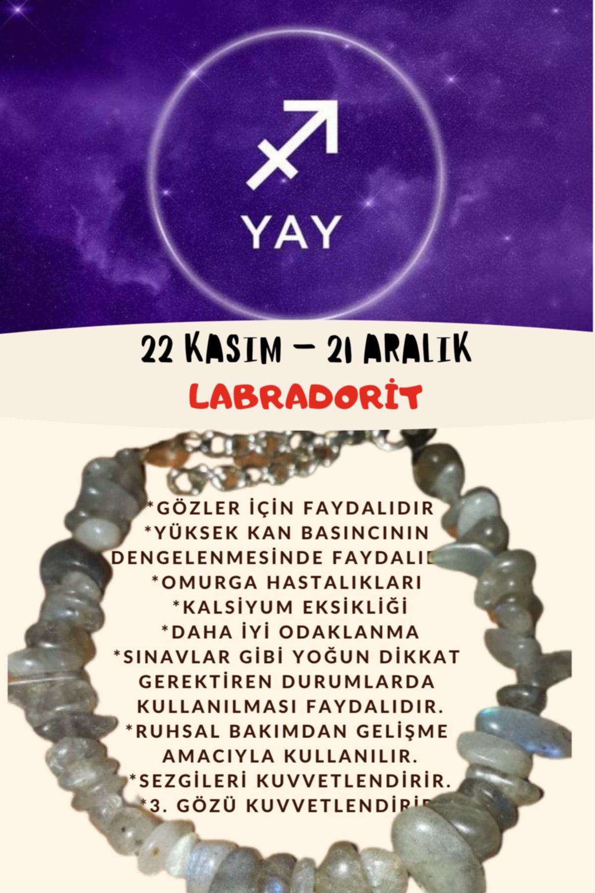 Sertifikalı Burç Taşı Yay Burcu Labradorit Taşı Bileklik