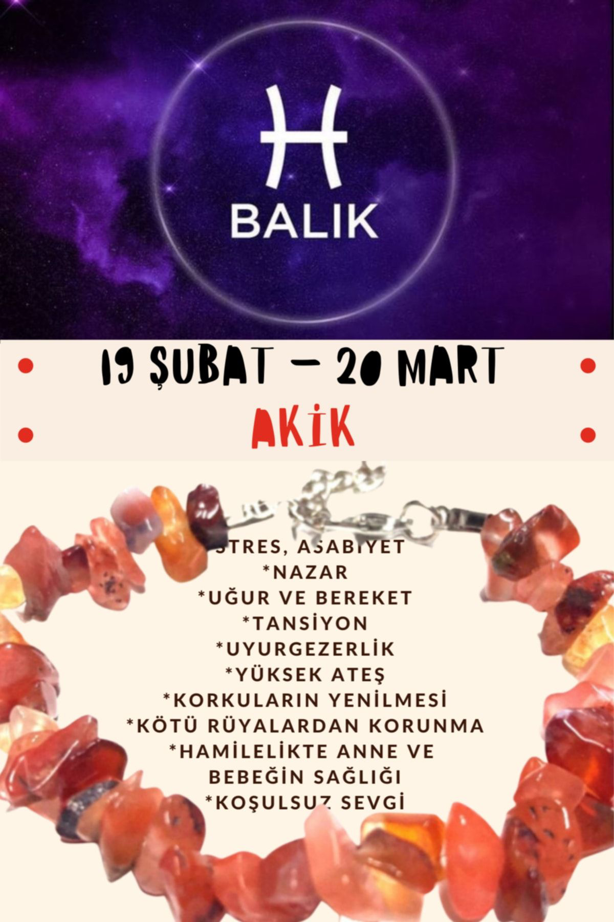 Sertifikalı Burç Taşı Balık Burcu Akik Taşı Bileklik