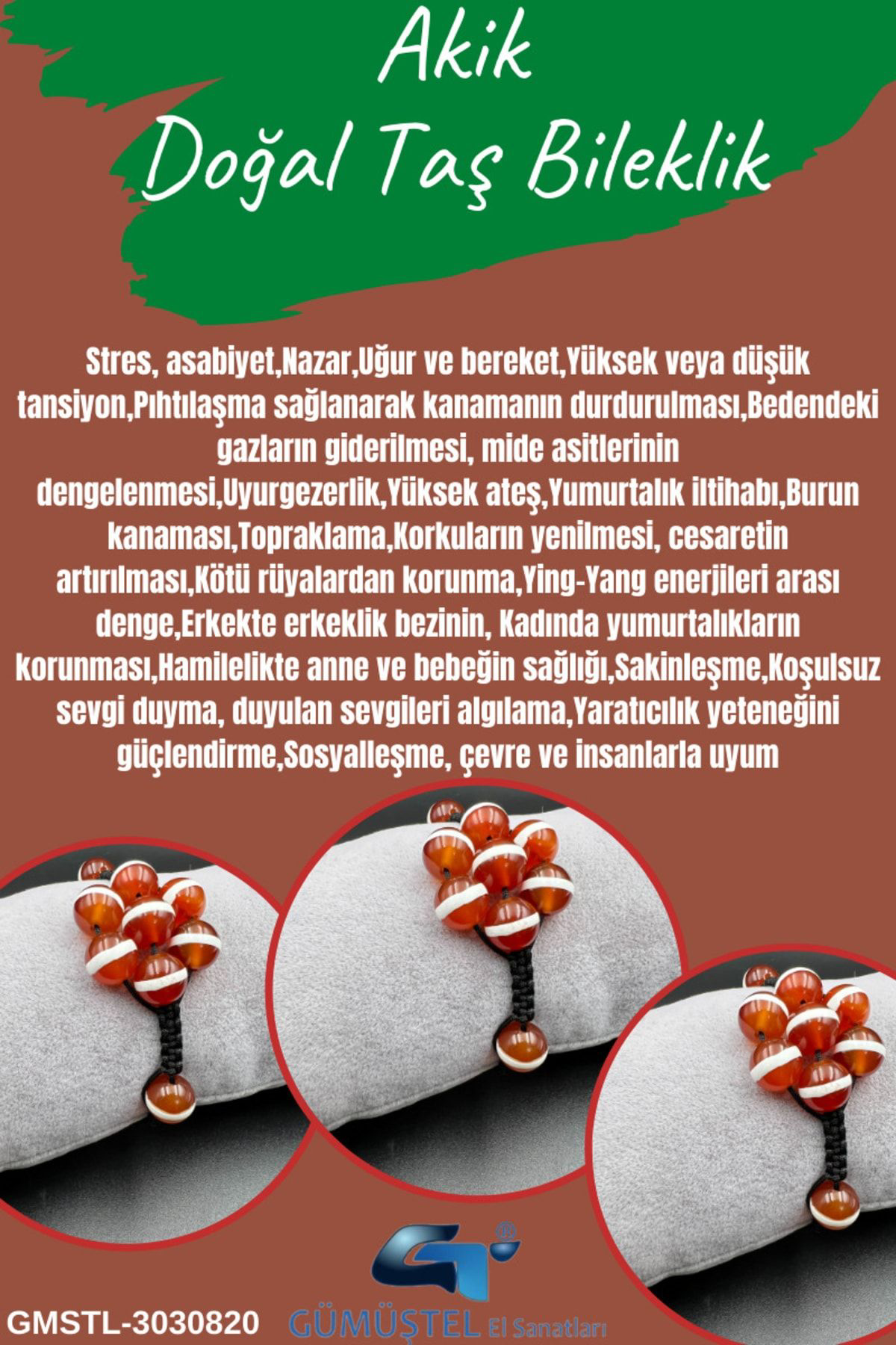 Sertifikalı Dantelli Akik Doğal Taş Bileklik Asansörlü Kilit Sist