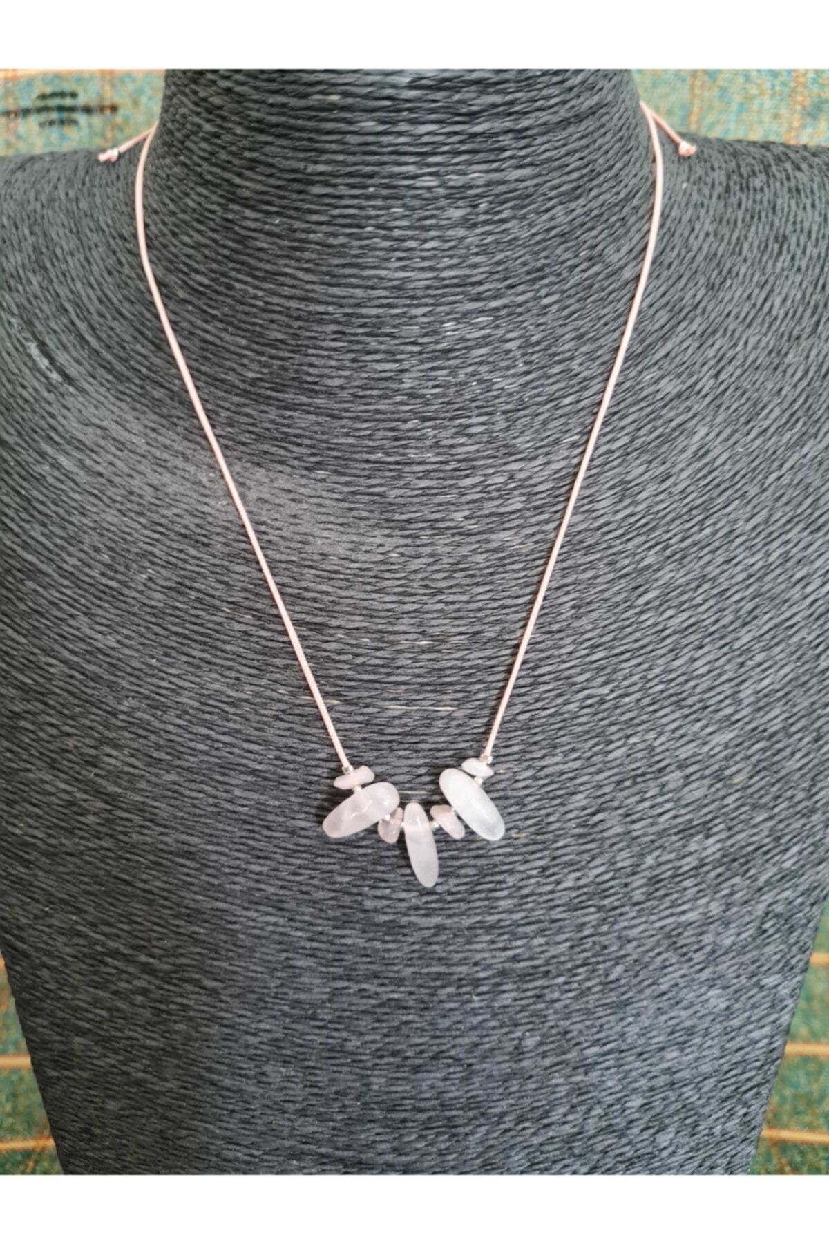 Sertifikalı Doğal Pembe Kuvars Taşı Tasarım Kolye Makrome Ayarlı 