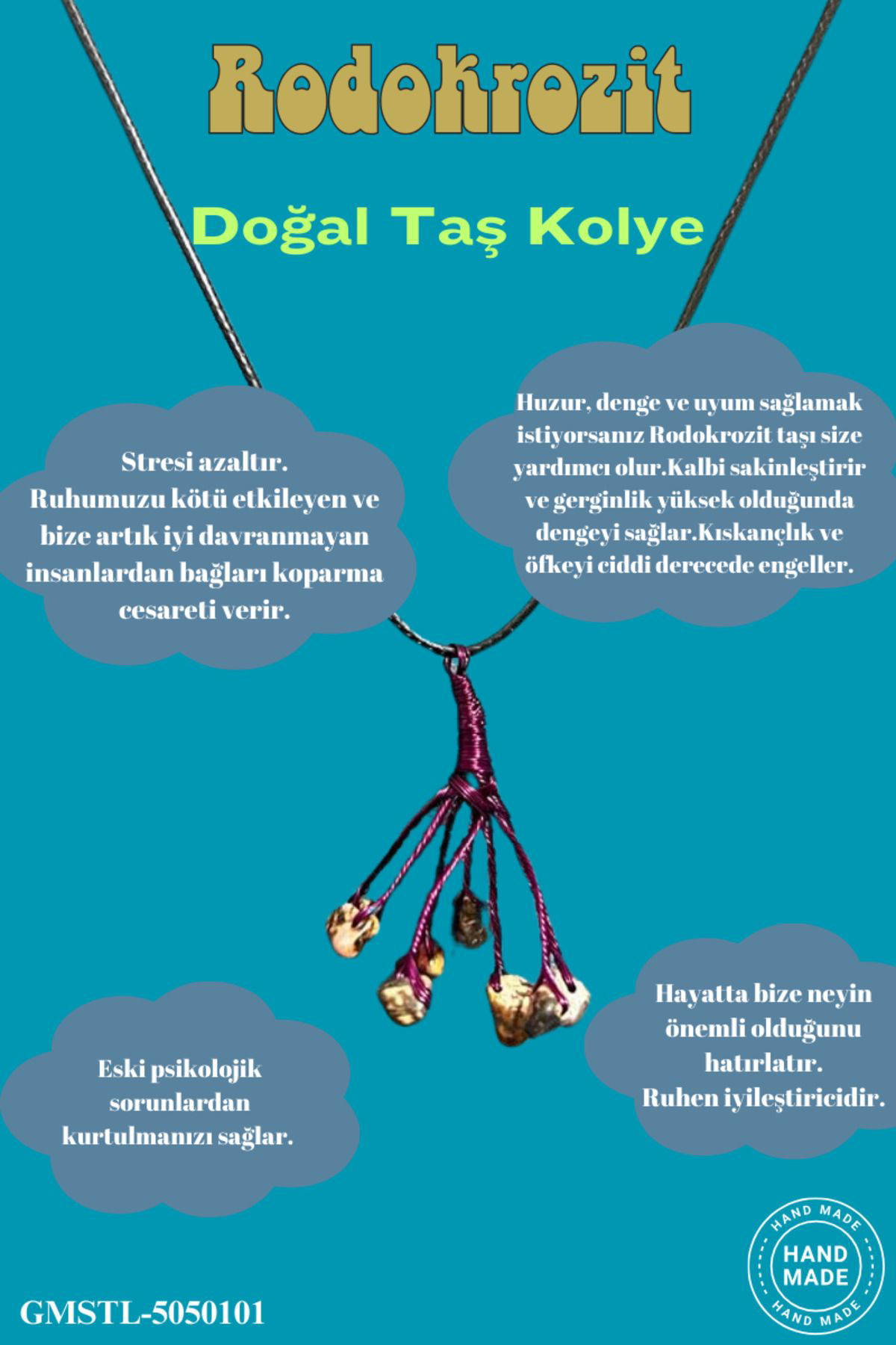 Sertifikalı Doğal Taş Rodokrozit Taşı El Yapımı Bakır Tel Sarma K