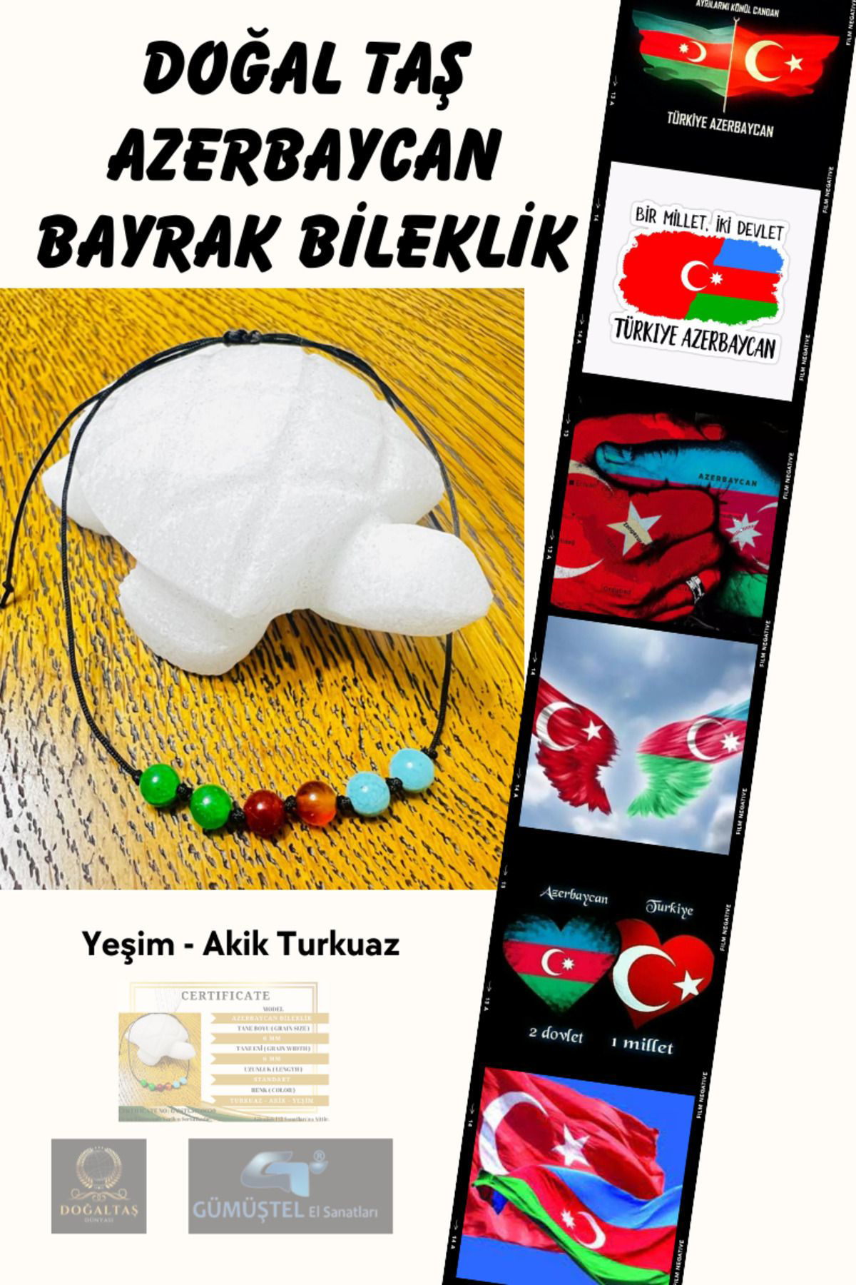 Gümüştel El Sanatlari Sertifikali Doğal Taş Azerbaycan Bayrak Bileklik Yeşim Akik Turku