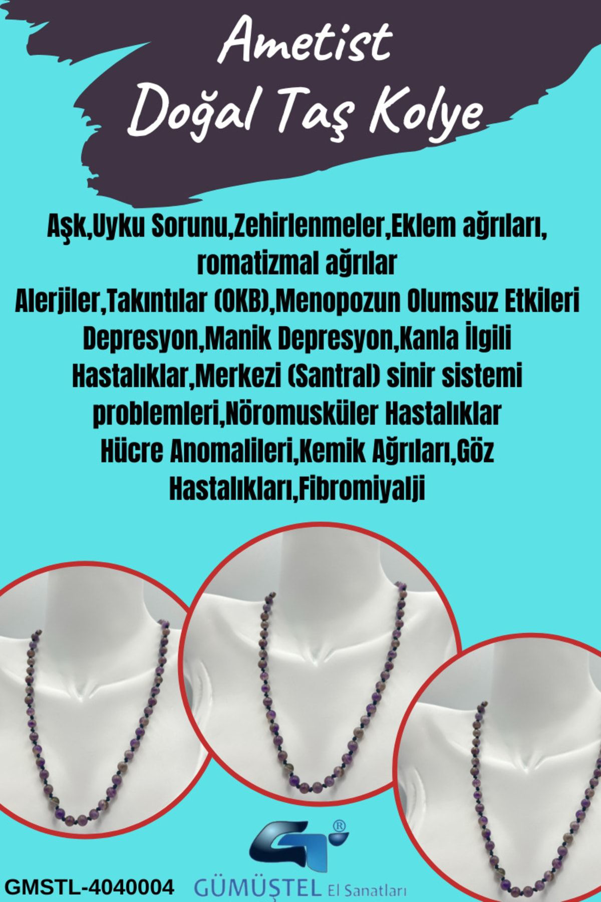 Sertifikalı Doğal Taş Ametist Taşı Kolye 6 Mm