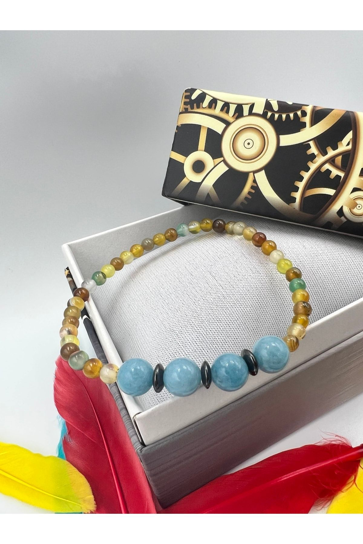 Sertifikalı Doğal Taş Akuamarin Akik Hematit Doğal Taş Bileklik 4