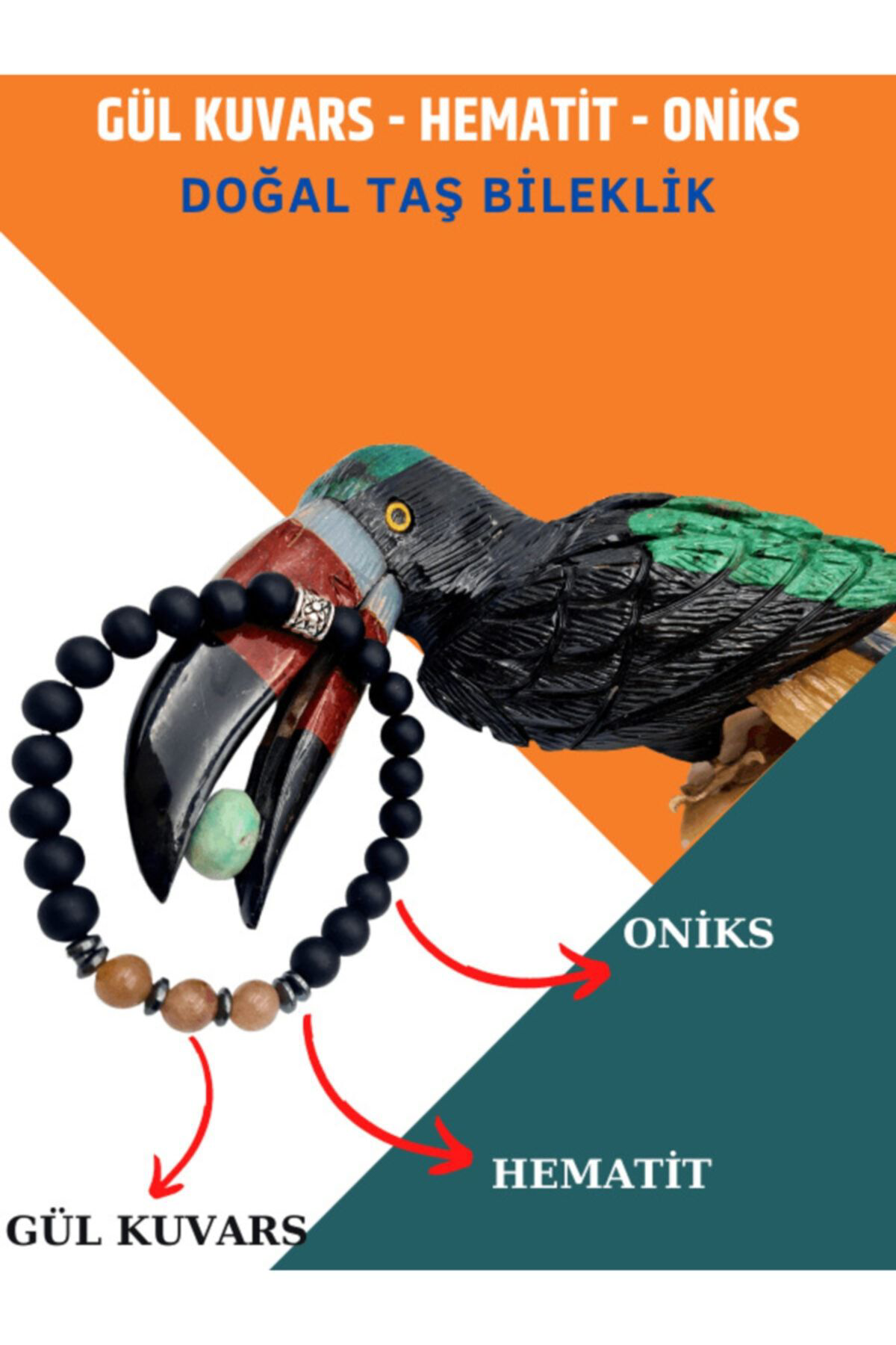 Sertifikalı Doğal Taş Gül Kuvars Hematit Oniks Taşı Bileklik