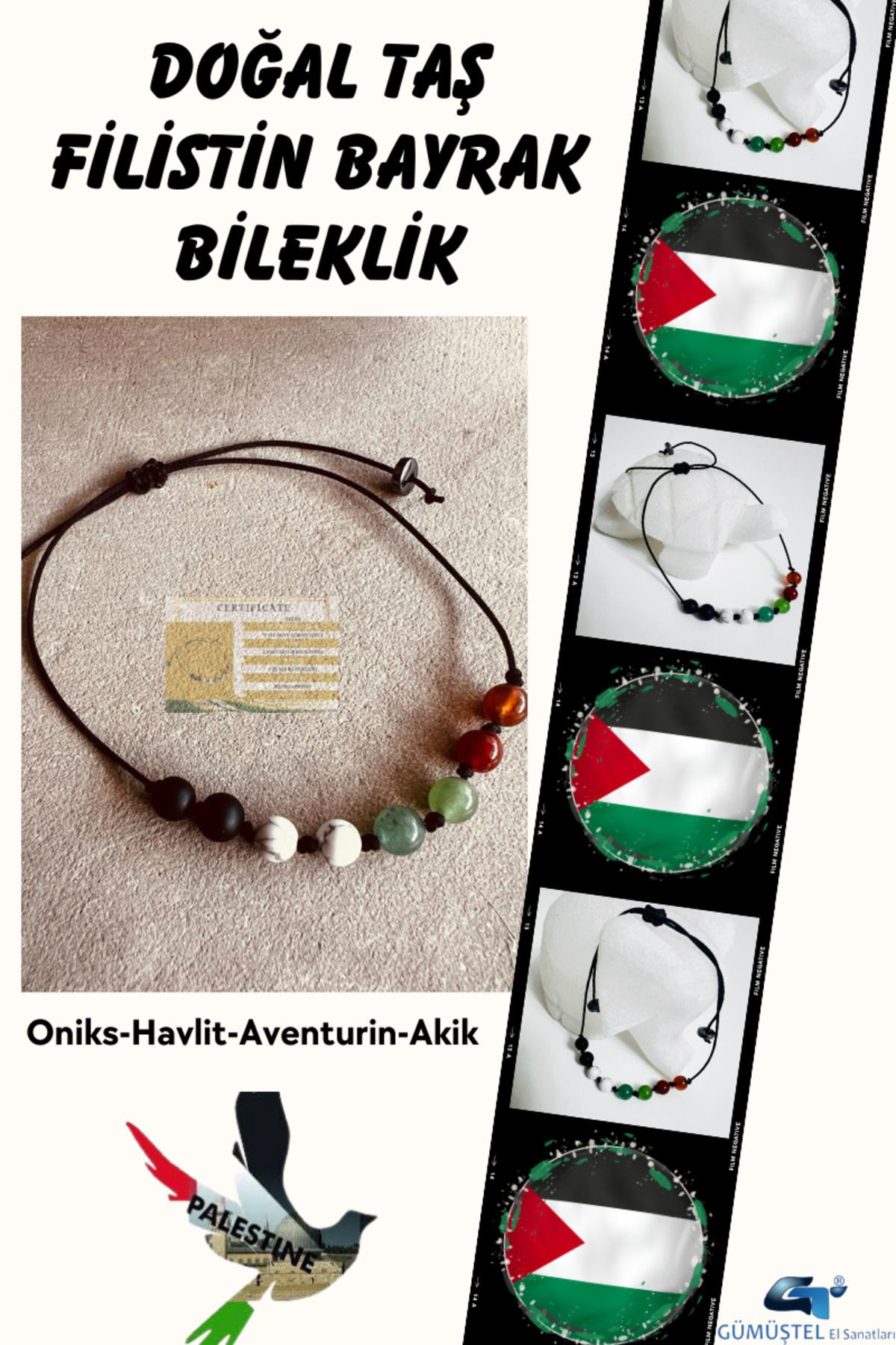 Sertifikalı Doğal Taş Filistin Bayrak Bileklik AAA Kalite Sürpriz