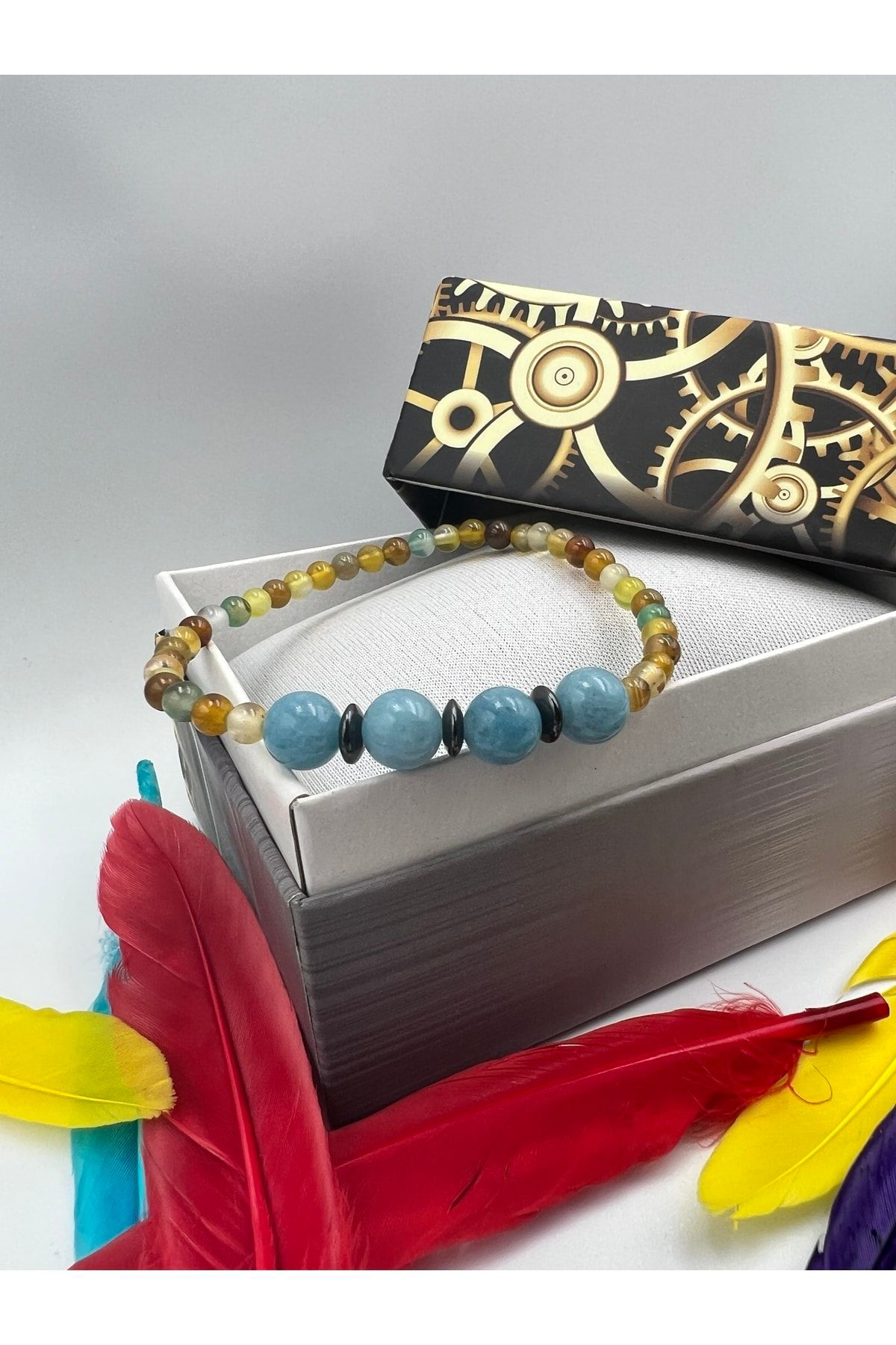 Sertifikalı Doğal Taş Akuamarin Akik Hematit Doğal Taş Bileklik 4