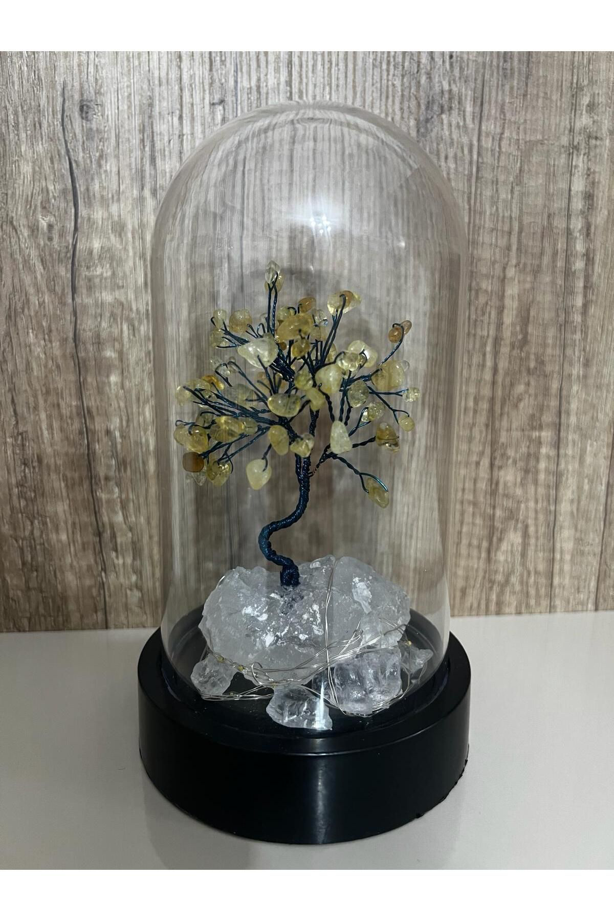 Sertifikalı Doğal Taş Sitrin Tasarımlı Bakır Tel Sarma Işıklı Fan