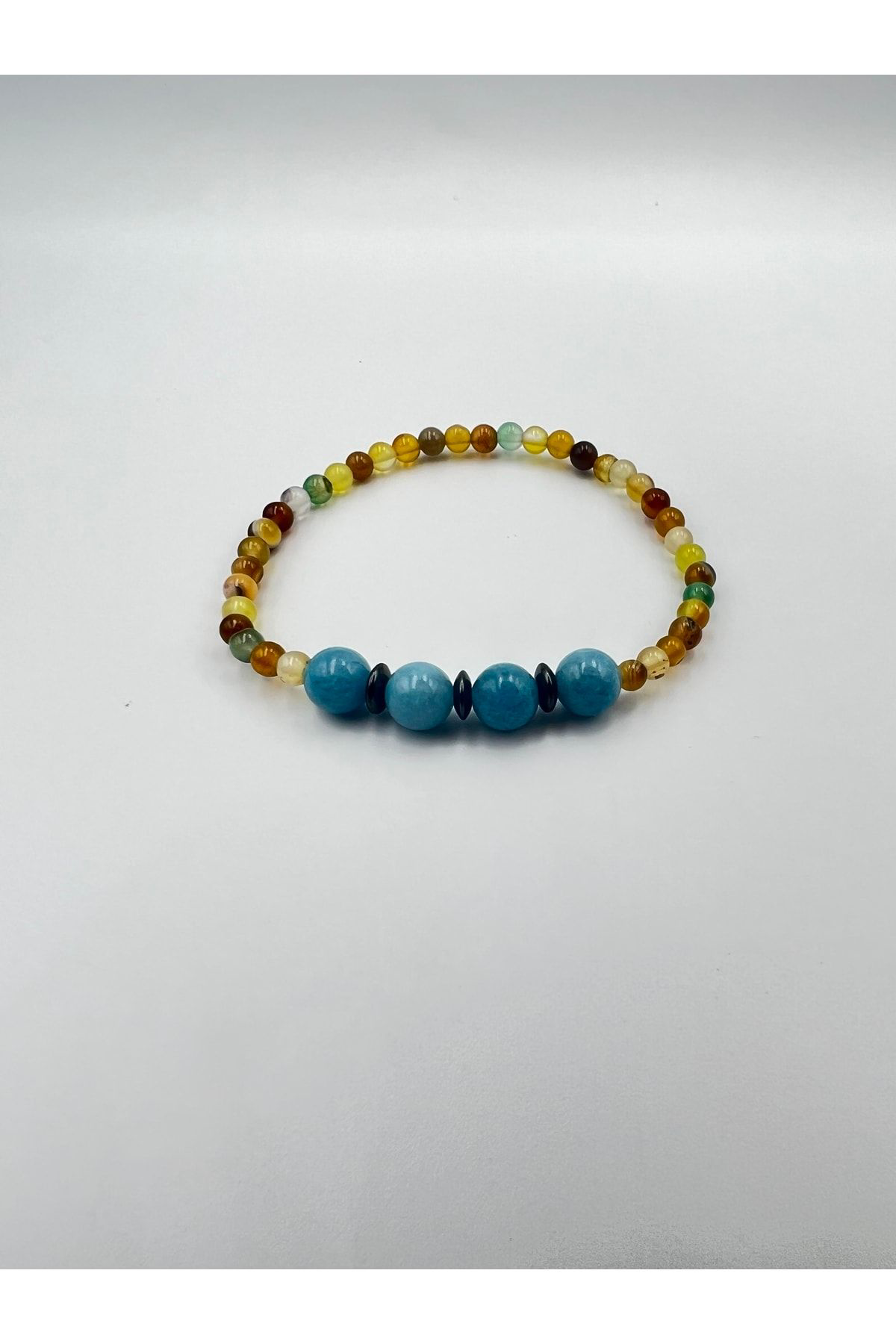 Sertifikalı Doğal Taş Akuamarin Akik Hematit Doğal Taş Bileklik 4