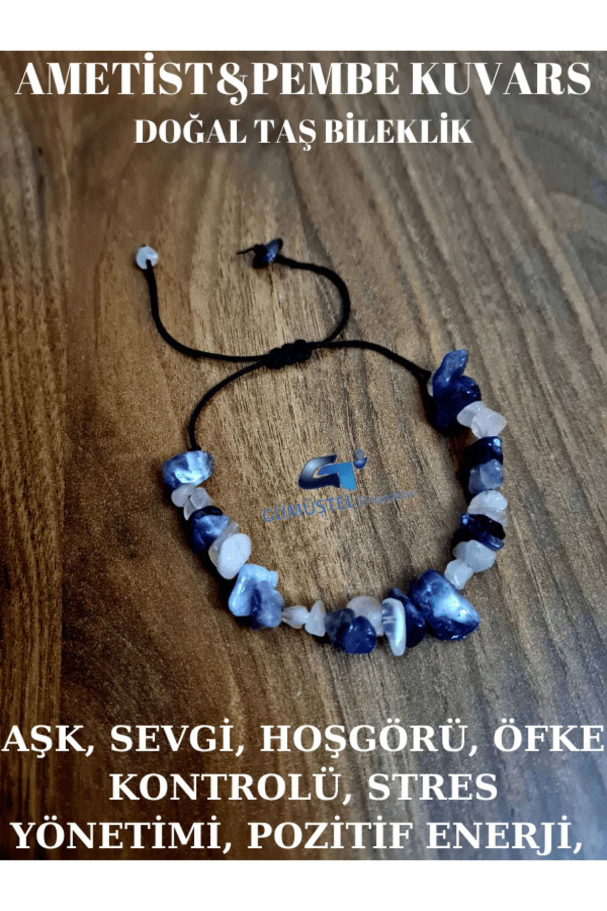 Sertifikalı Doğal Kırık Taş Pembe Kuvars & Ametist Taşı Bileklik 