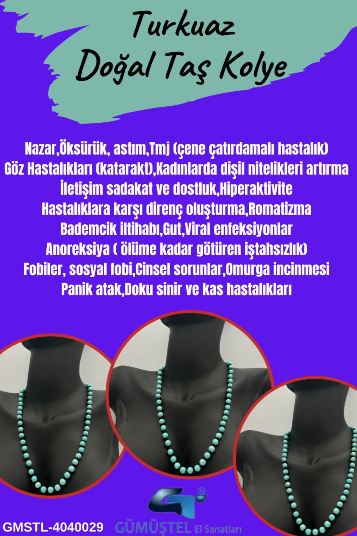Sertifikalı Doğal Taş Turkuaz Taşı Kolye Aaa Kalite 6mm