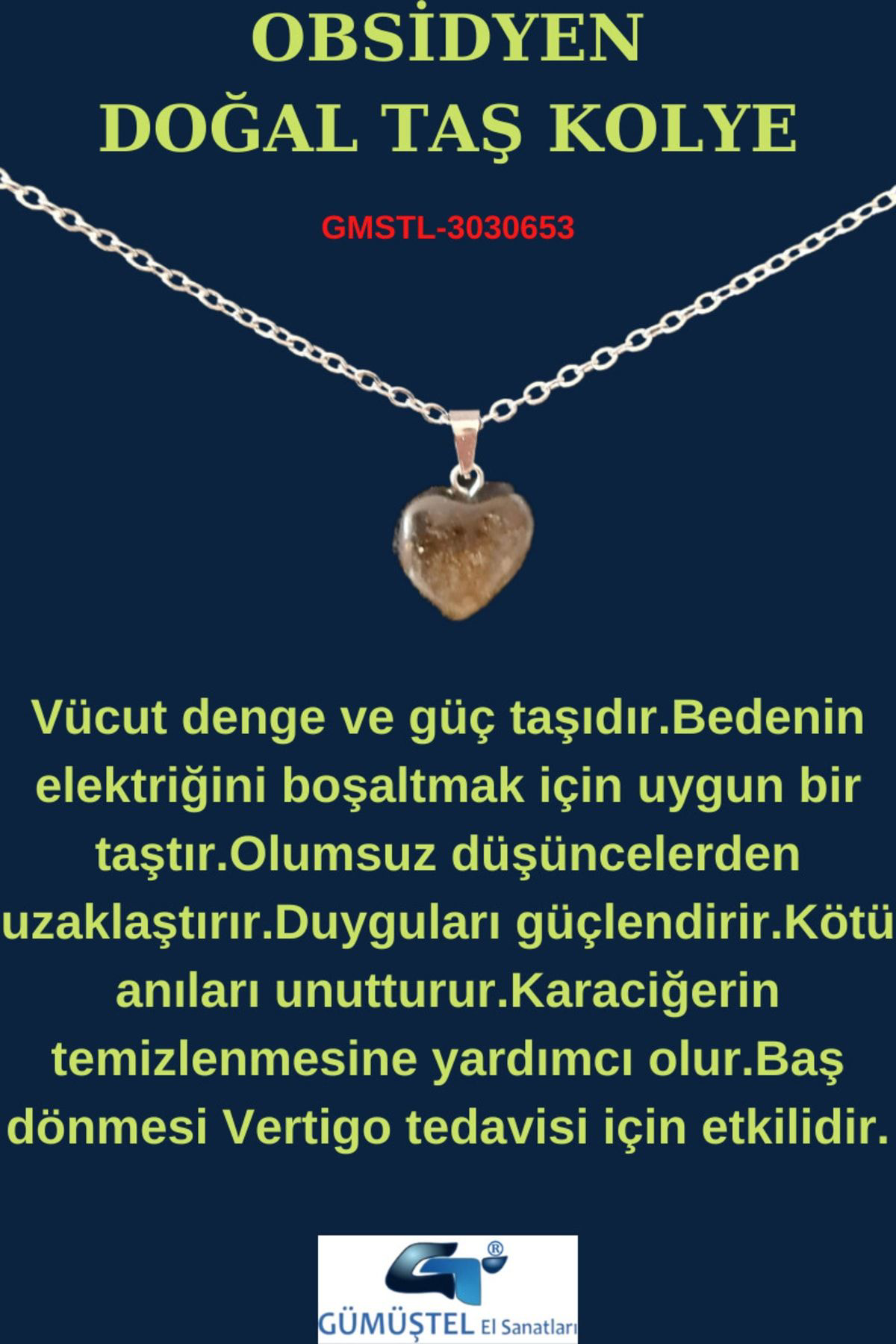 Sertifikalı Doğal Taş Obsidyen Kalp Model Minimal Kolye