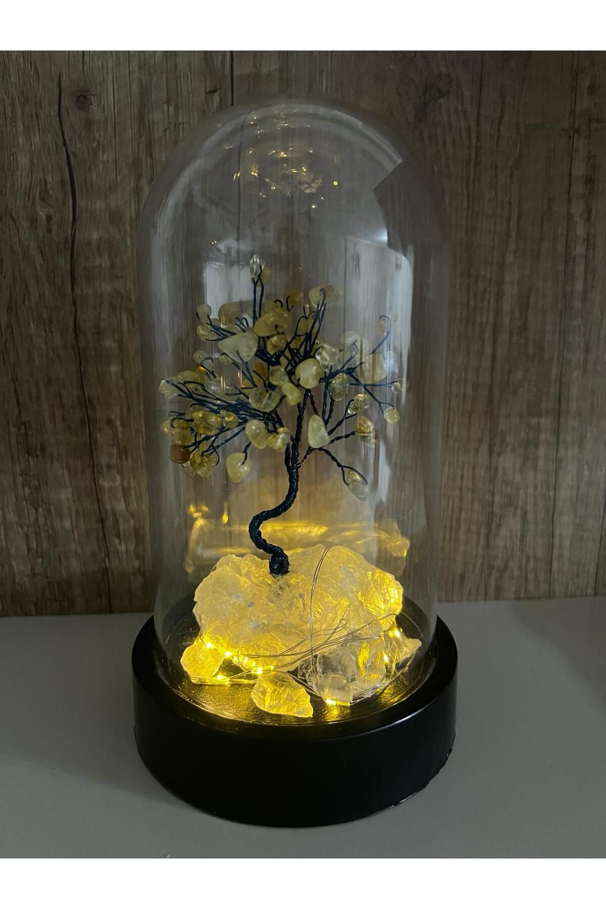 Sertifikalı Doğal Taş Sitrin Tasarımlı Bakır Tel Sarma Işıklı Fan