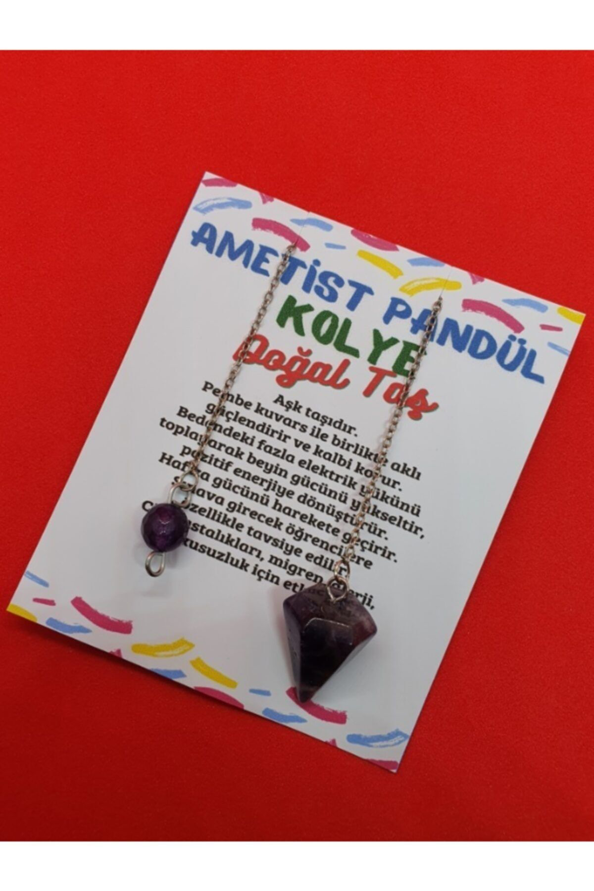 Gümüştel El Sanatlari Sertifikali Doğal Ametist Doğal Taş Pandül Kolye (Sarkaç)