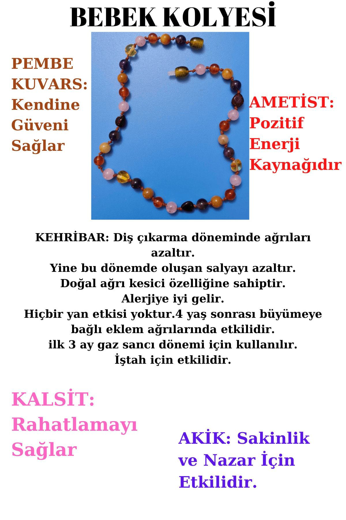 Sertifikalı Doğal Taş Bebek Kolyesi Kehribar, Ametist, Kalsit, Ak