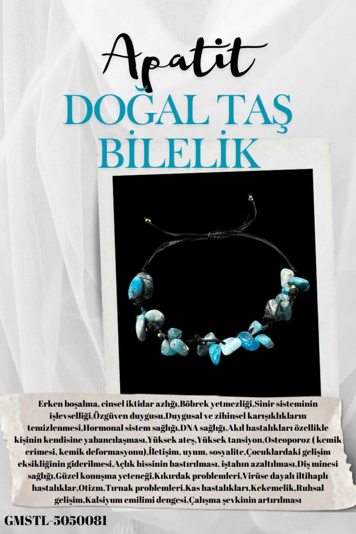 Sertifikalı Doğal Taş Apatit Bileklik Özel Tasarım El Yapımı Asan