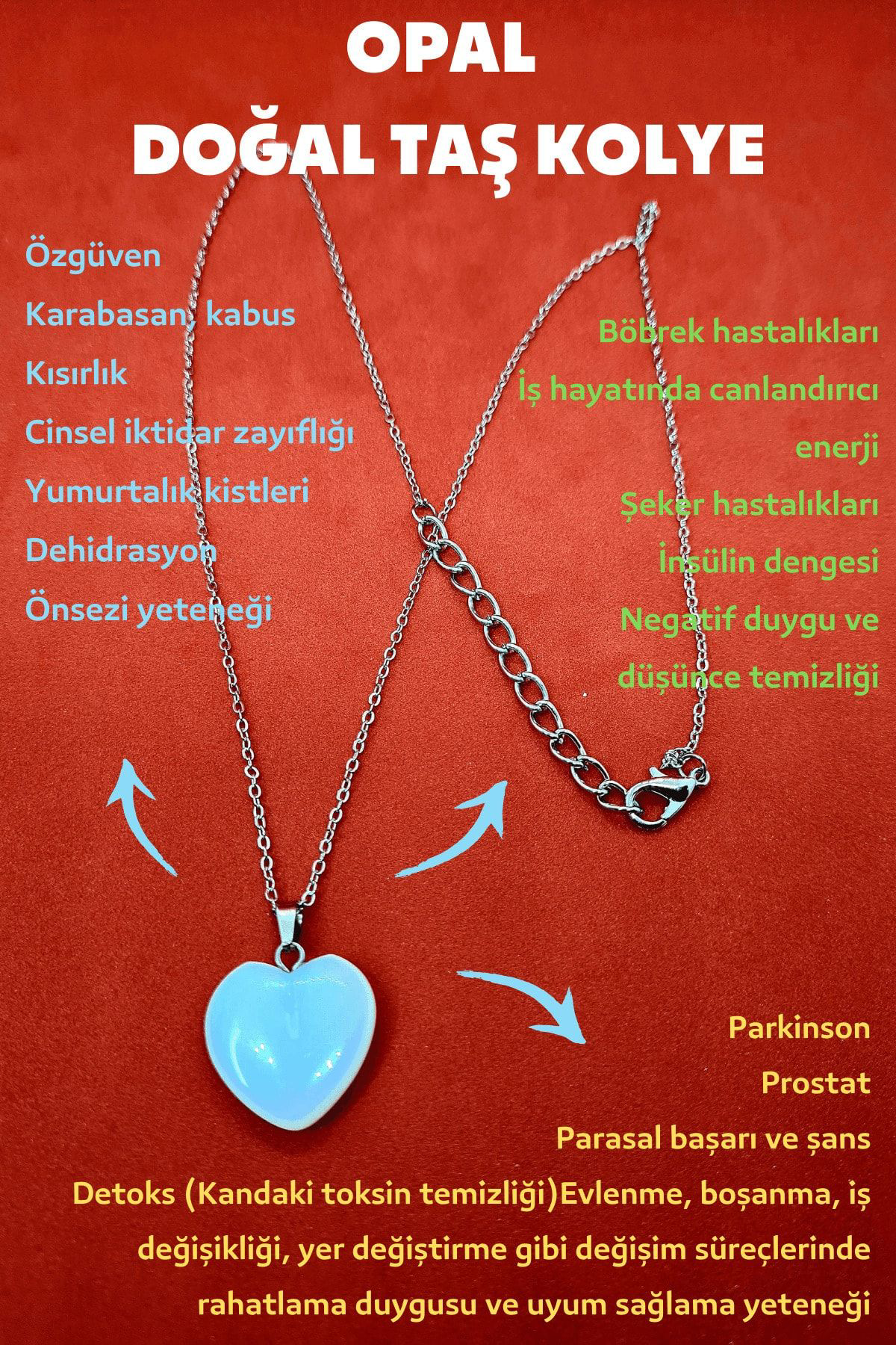 Sertifikalı Doğal Opal Taşı Kalp Kolye Zincir Dahil