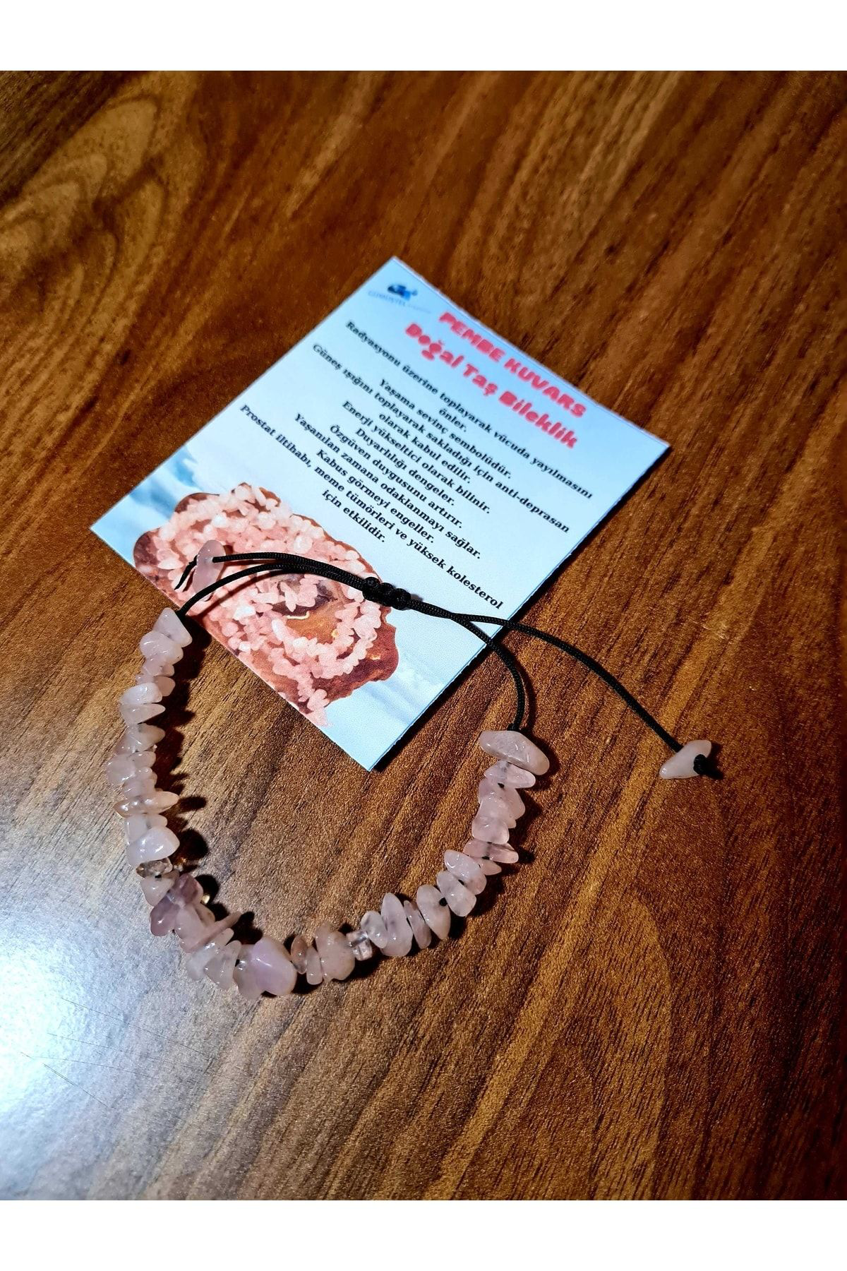 Sertifikalı Doğal Kırık Taş Pembe Kuvars Taşı Bileklik Asansörlü 