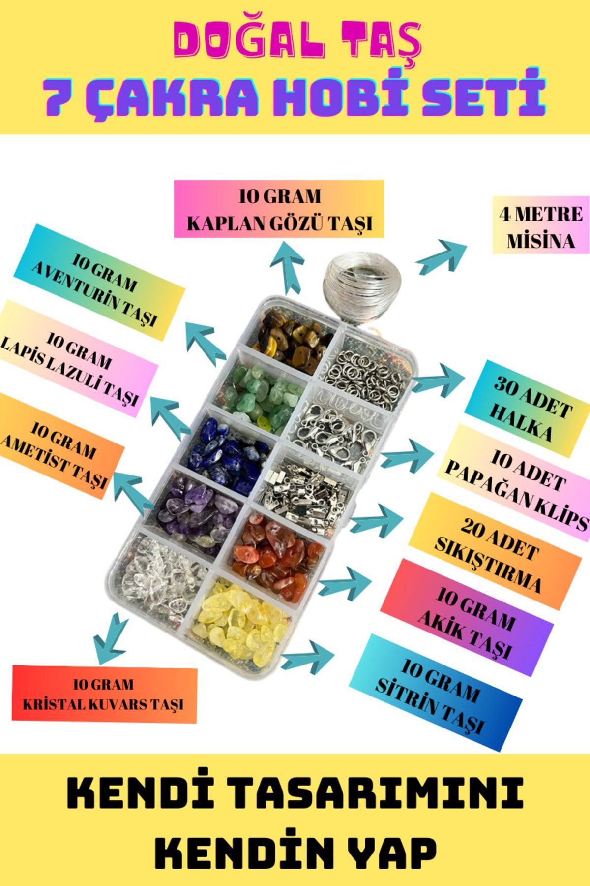 Gümüştel El Sanatlari Sertifikalı Doğal Taş 7 Çakra Takı Yapım Seti Kendi Tasarımını Ke