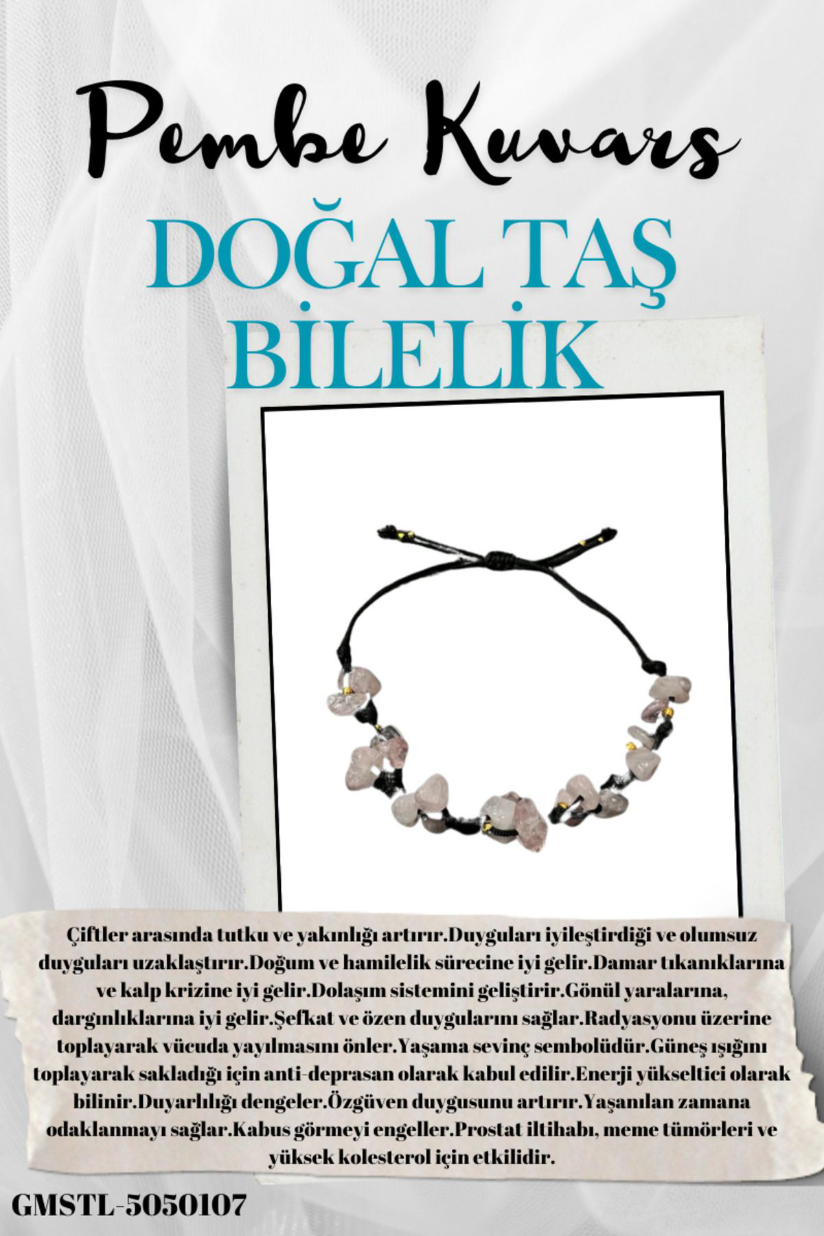 Sertifikalı Doğal Taş Pembe Kuvars Bileklik Özel Tasarım El Yapım