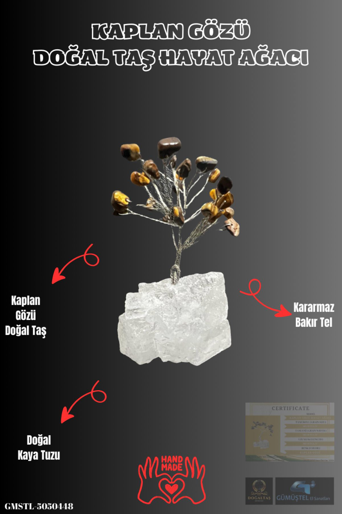 Sertifikalı Doğal Taş Kaplan Gözü Taşı Dekoratif El Yapımı Ağaç