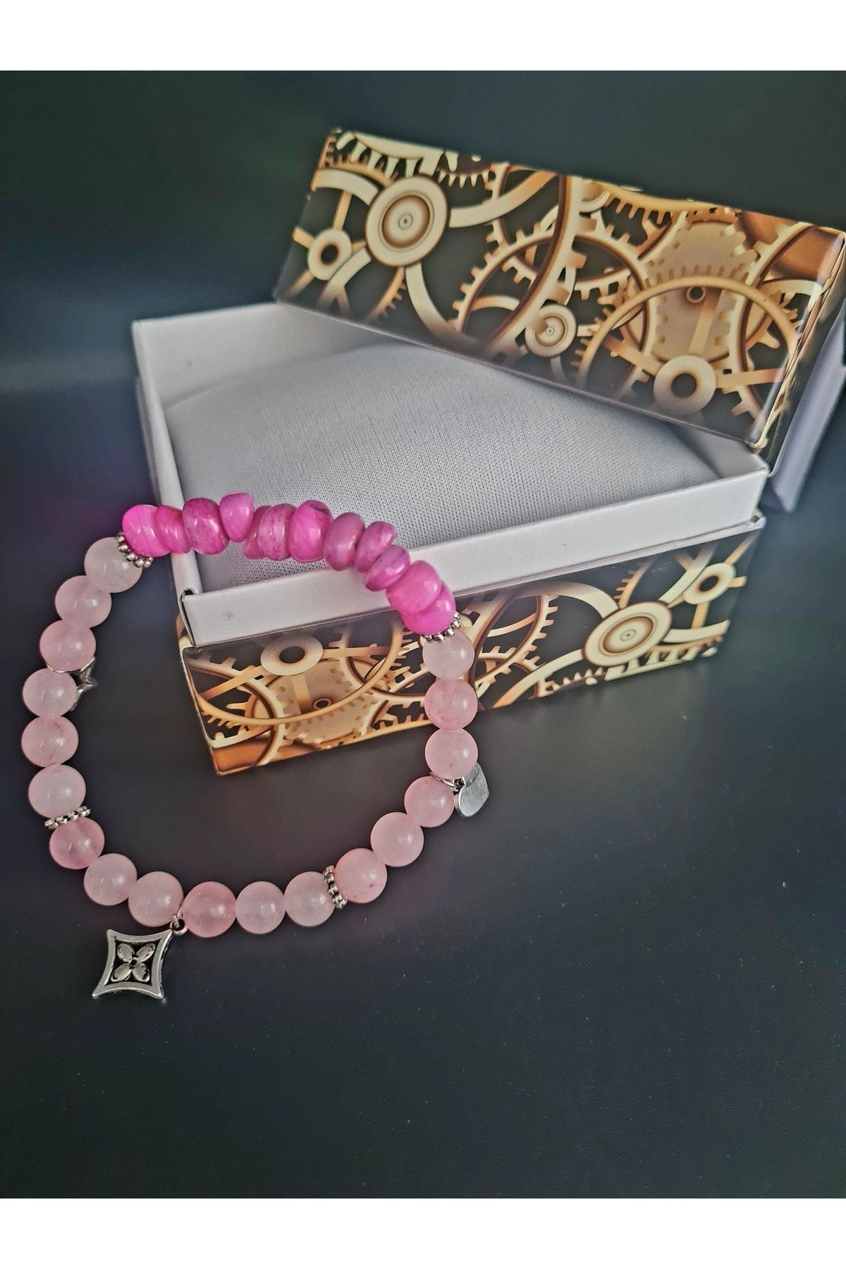 Sertifikalı Doğal Taş Bileklik Özel Tasarım Pembe Kuvars Sedef Do