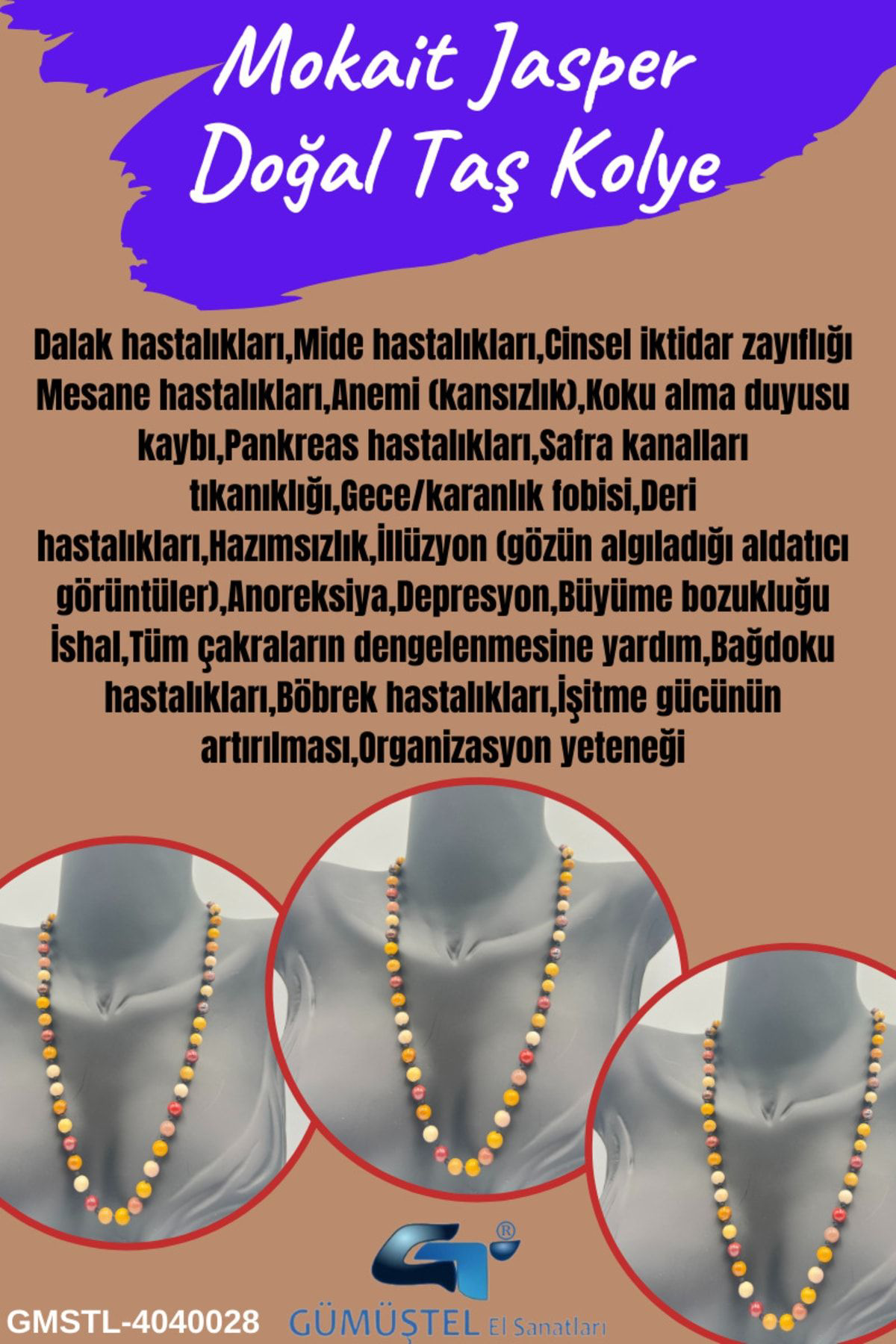 Sertifikalı Doğal Taş Mokait Jasper Taşı Kolye Aaa Kalite 6mm