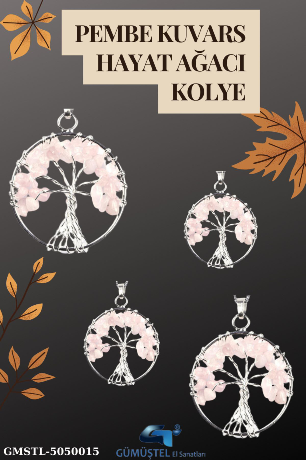 Sertifikalı Doğal Taş Pembe Kuvars Hayat Ağacı Tasarım Kolye Sürp