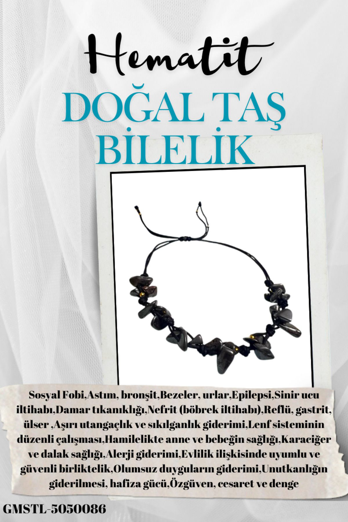 Sertifikalı Doğal Taş Hematit Bileklik Özel Tasarım El Yapımı Asa