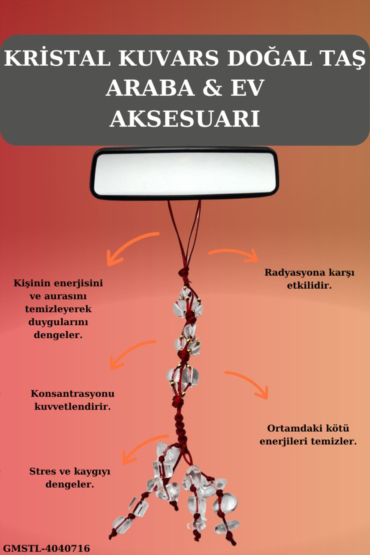 Sertifikalı Doğal Taş Kristal Kuvars Sallanan Dikiz Ayna Süsü Yen