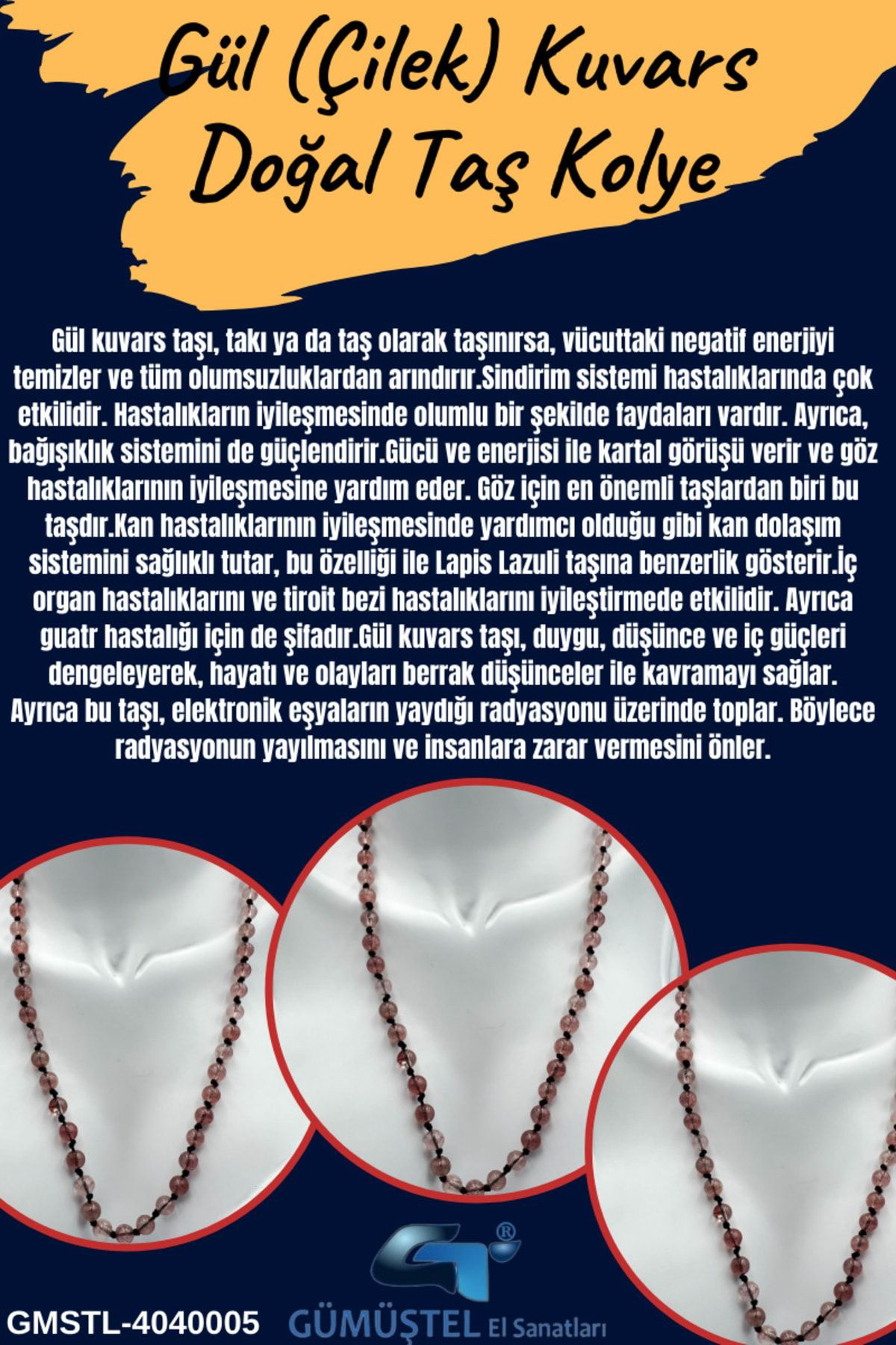 Sertifikalı Doğal Taş Gül (ÇİLEK) Kuvars Taşı Kolye Aaa Kalite 6m