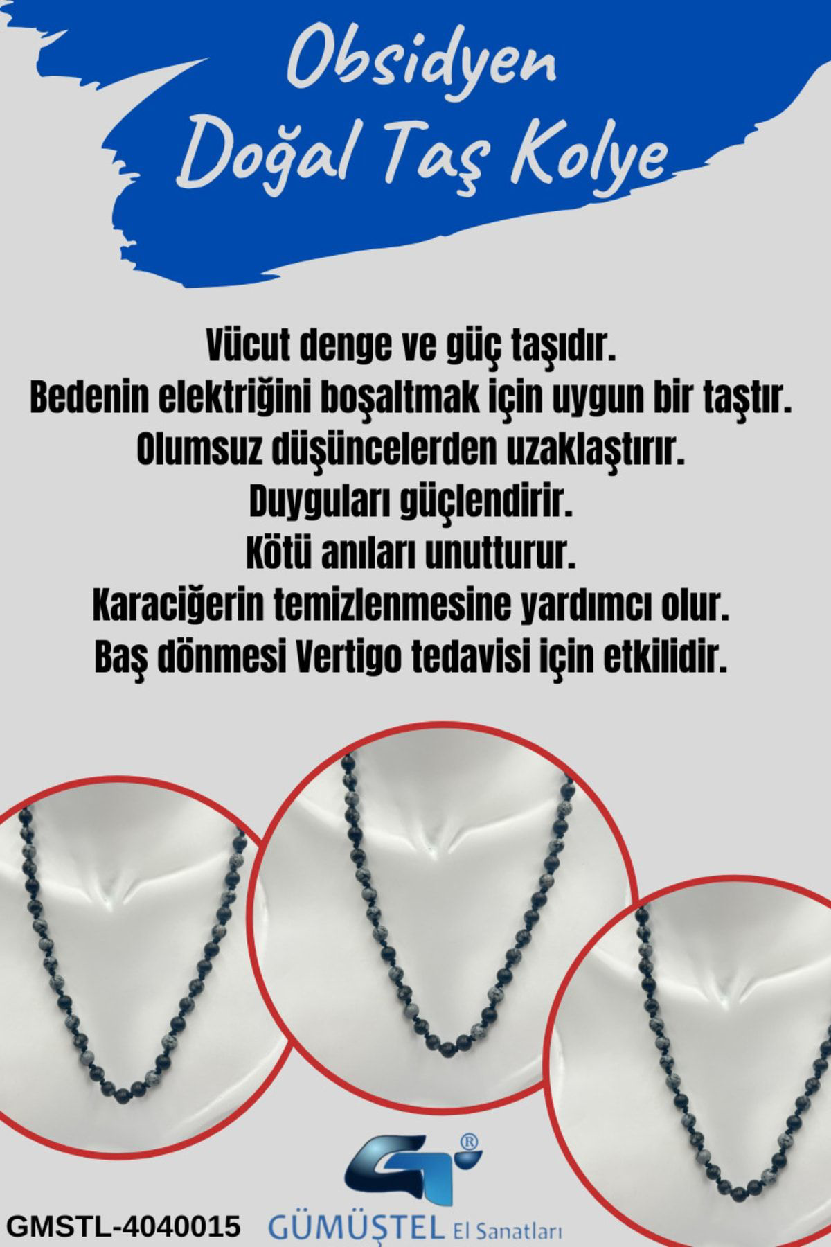 Sertifikalı Doğal Taş Obsidyen Taşı Kolye Aaa Kalite 6mm