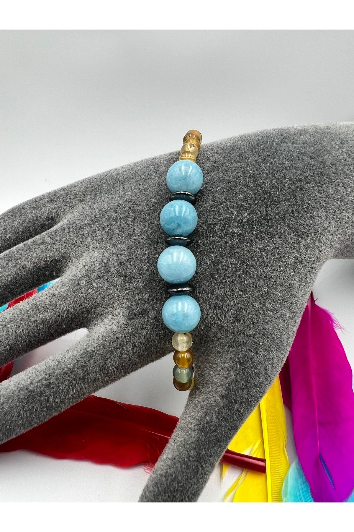 Sertifikalı Doğal Taş Akuamarin Akik Hematit Doğal Taş Bileklik 4