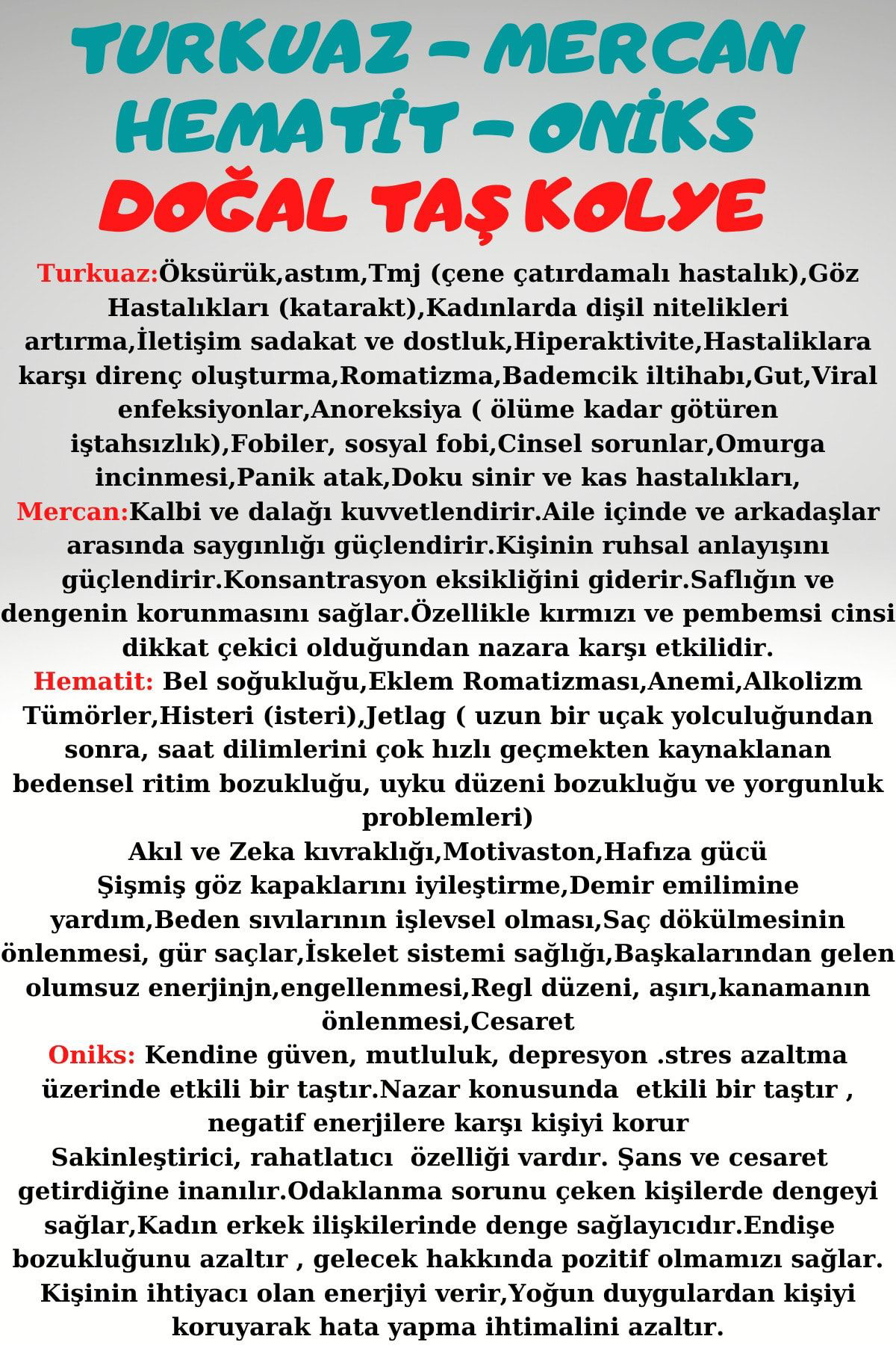 Sertifikalı Doğal Taş Kolye Turkuaz Hematit Mercan Oniks Doğal Ta