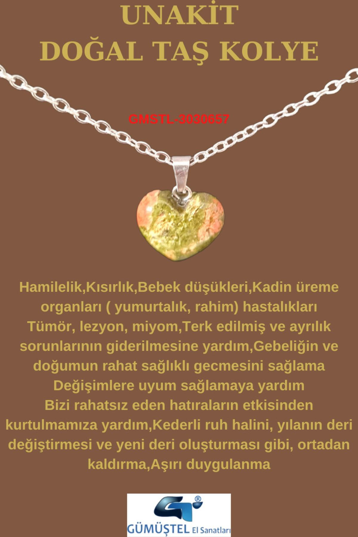 Sertifikalı Doğal Taş Unakit Kalp Model Minimal Kolye Aaa Kalite