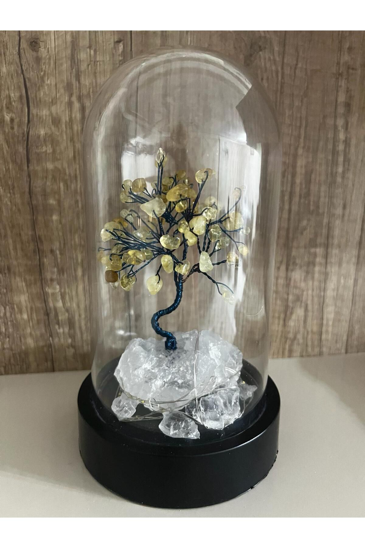 Sertifikalı Doğal Taş Sitrin Tasarımlı Bakır Tel Sarma Işıklı Fan