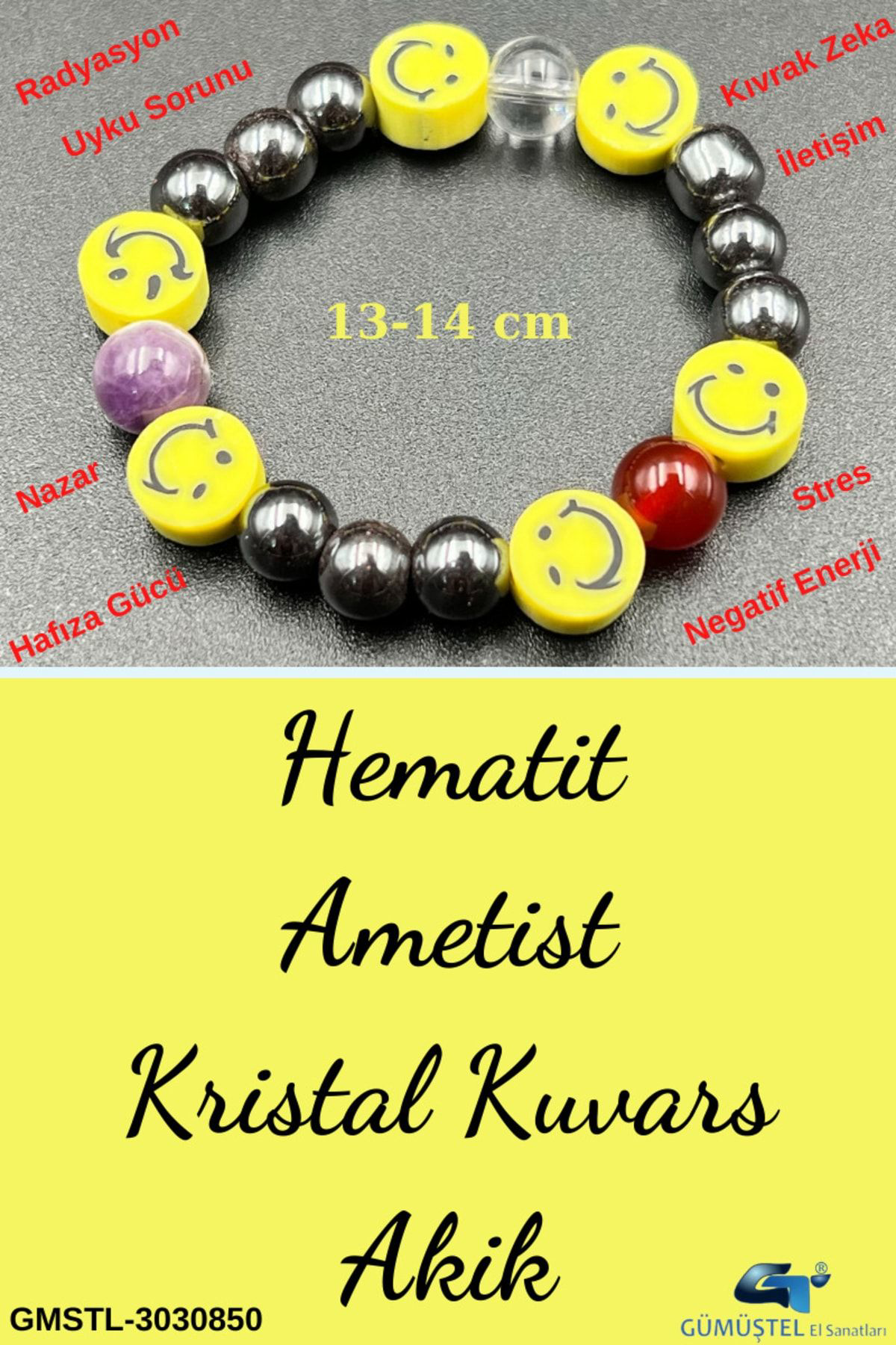 Sertifikalı Doğal Taş Çocuk Bilekliği Ametist Hematit Kristal Kuv