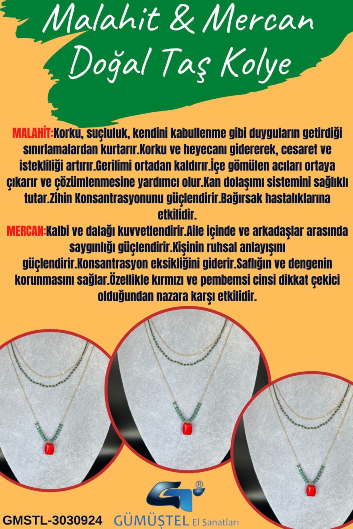 Sertifikalı Doğal Taş Malahit & Mercan Taşı Kolye Tasarım Kararma