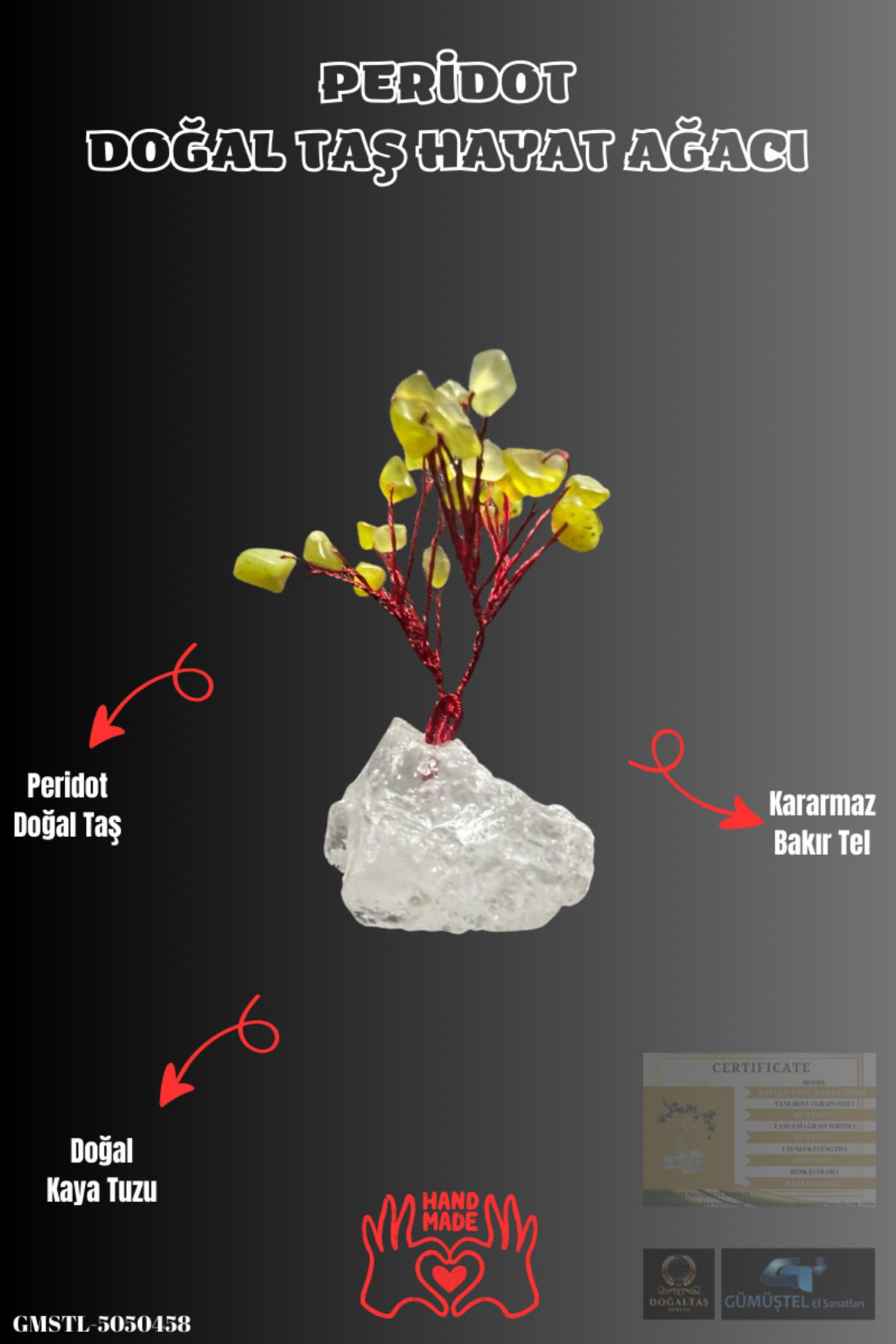 Gümüştel El Sanatlari Sertifikali Doğal Taş Peridot Taşi Dekoratif El Yapimi Ağaç